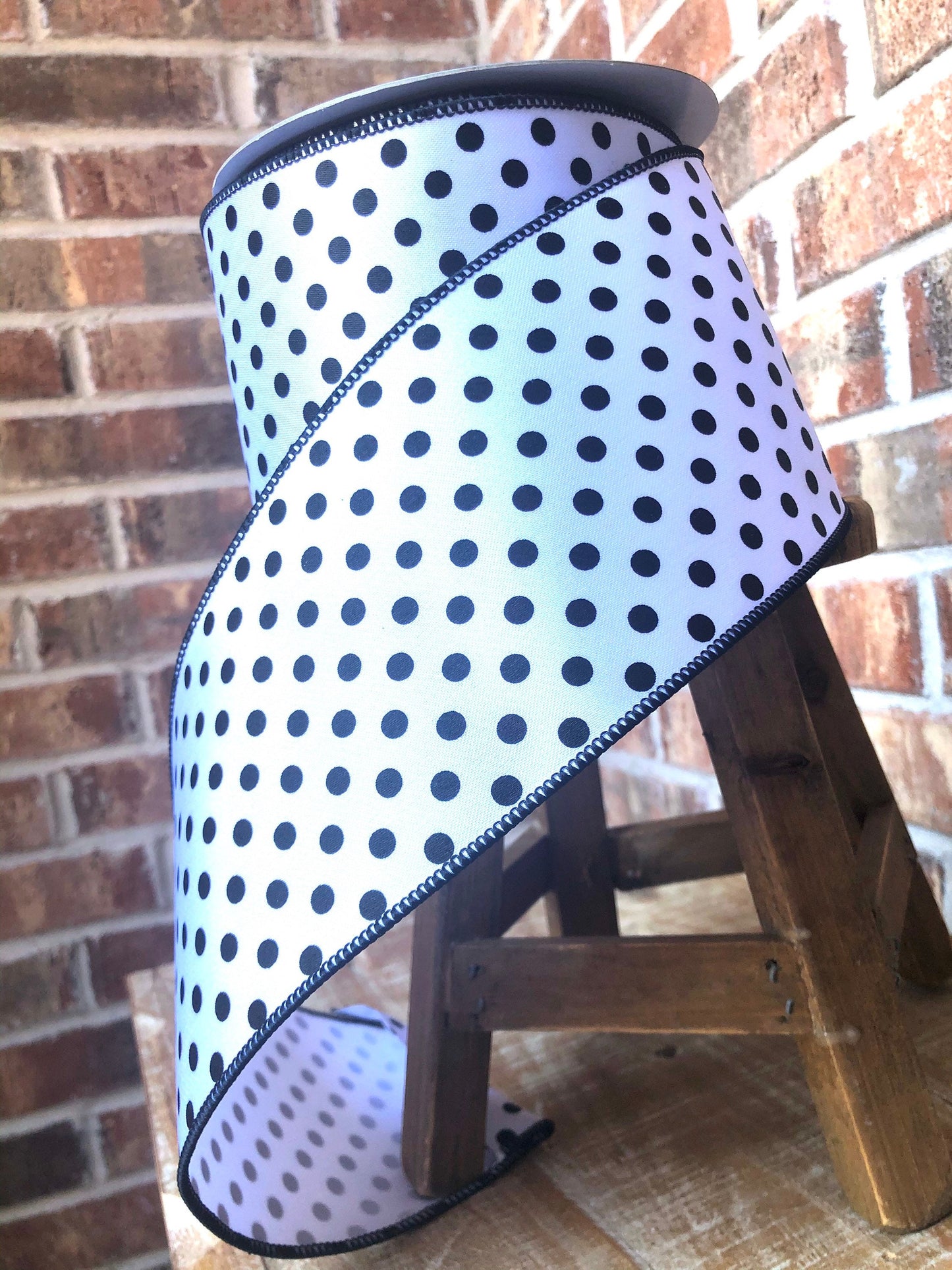 black and white polka dot ribbon, luxury ribbon, farrisilk ribbon, black and white polka dot ribbon, 4 inch ribbon, premium ribbon, mini dot