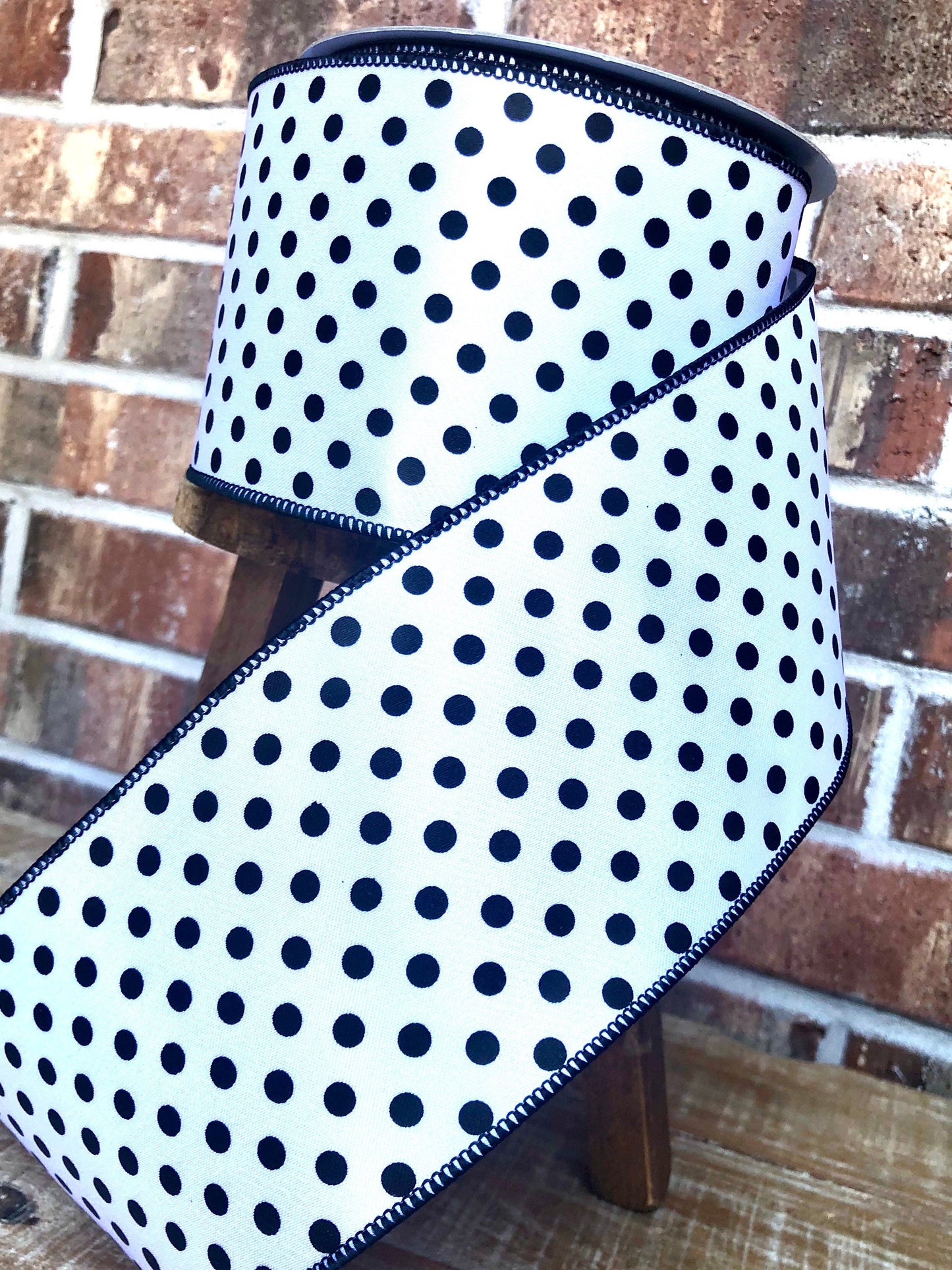 black and white polka dot ribbon, luxury ribbon, farrisilk ribbon, black and white polka dot ribbon, 4 inch ribbon, premium ribbon, mini dot