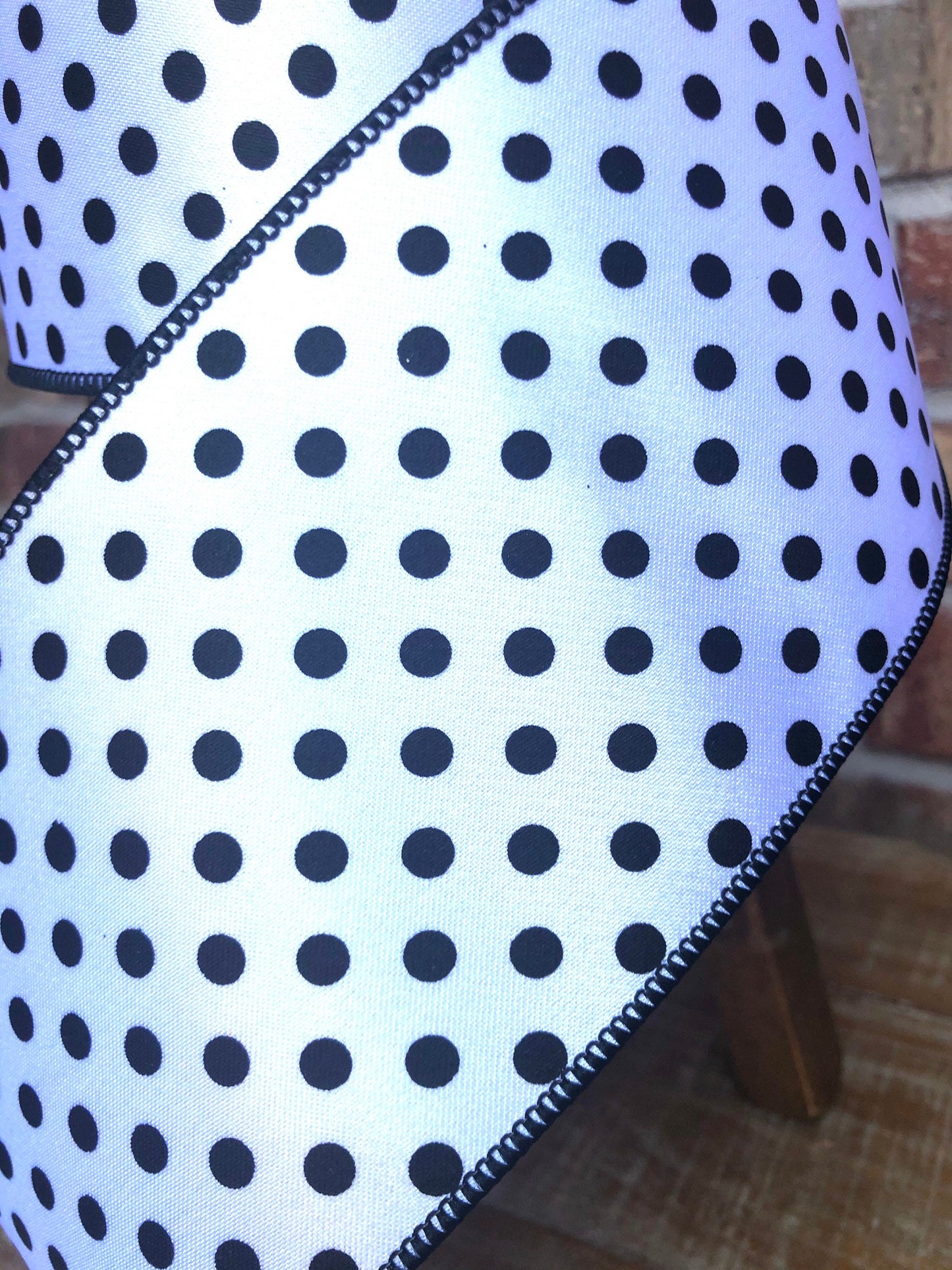 black and white polka dot ribbon, luxury ribbon, farrisilk ribbon, black and white polka dot ribbon, 4 inch ribbon, premium ribbon, mini dot