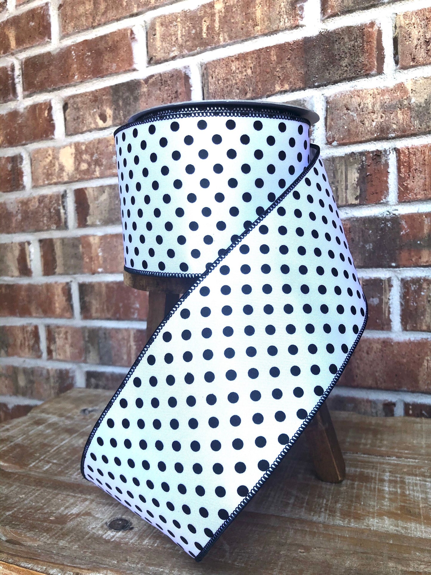 black and white polka dot ribbon, luxury ribbon, farrisilk ribbon, black and white polka dot ribbon, 4 inch ribbon, premium ribbon, mini dot