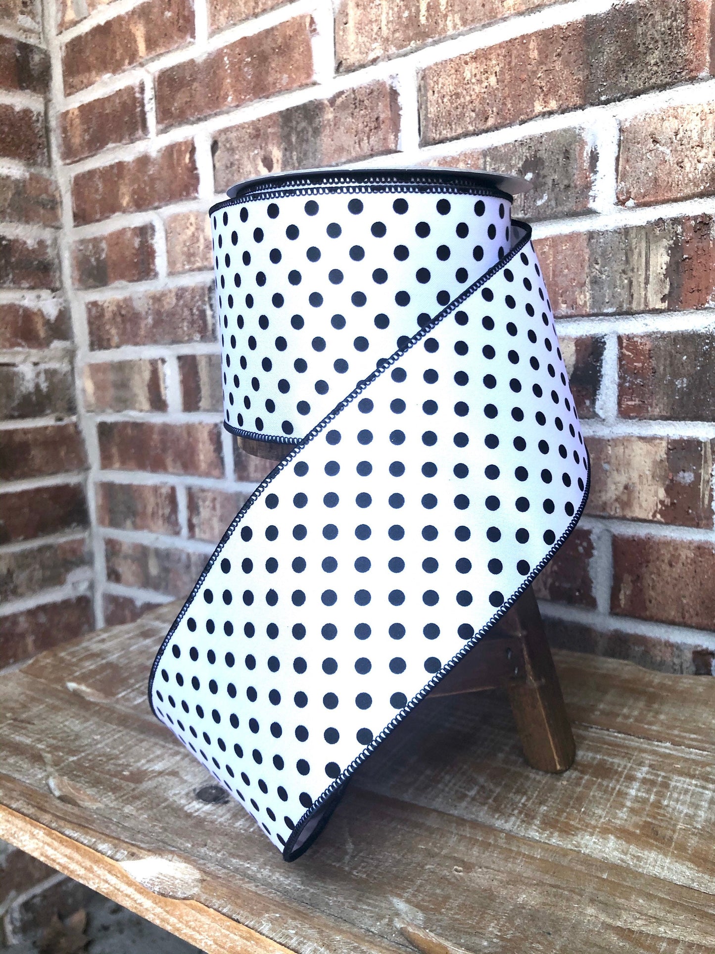 black and white polka dot ribbon, luxury ribbon, farrisilk ribbon, black and white polka dot ribbon, 4 inch ribbon, premium ribbon, mini dot