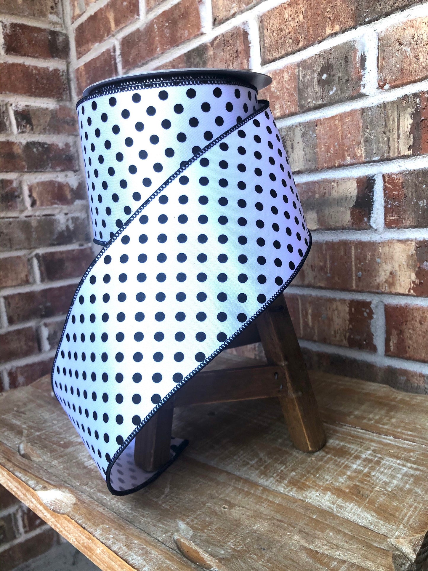 black and white polka dot ribbon, luxury ribbon, farrisilk ribbon, black and white polka dot ribbon, 4 inch ribbon, premium ribbon, mini dot