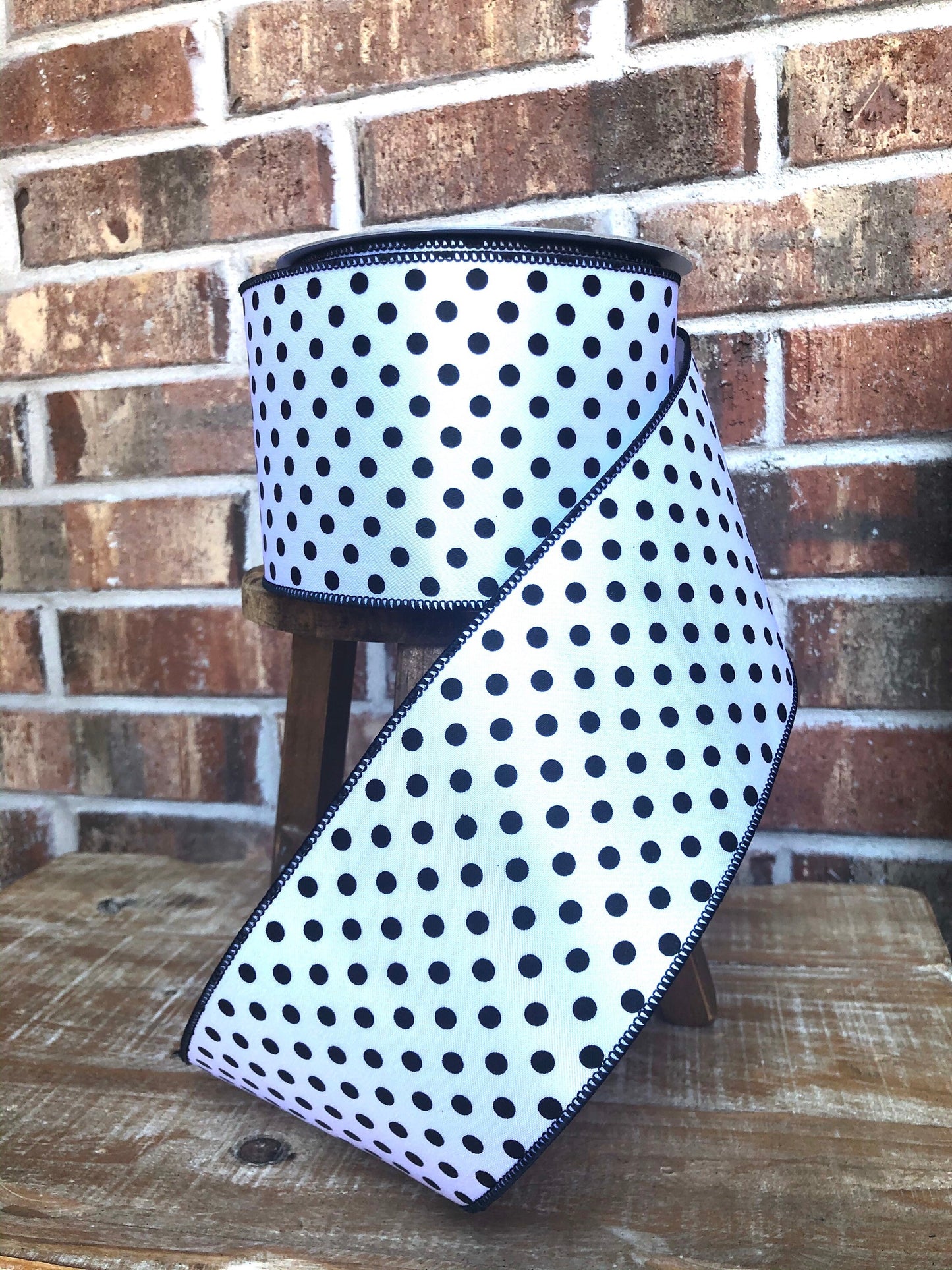 black and white polka dot ribbon, luxury ribbon, farrisilk ribbon, black and white polka dot ribbon, 4 inch ribbon, premium ribbon, mini dot