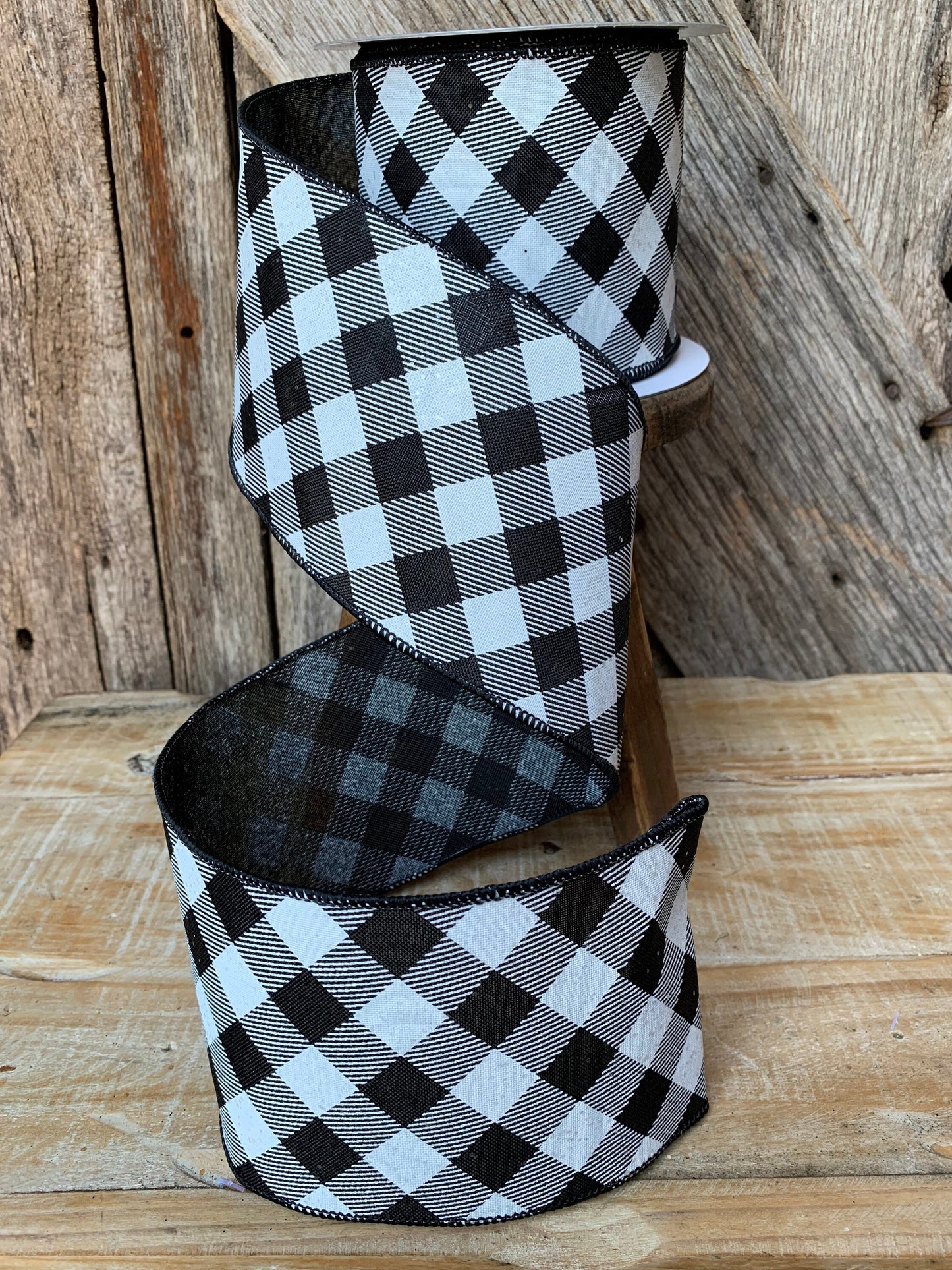 Farrisilk ribbon, black and white plaid ribbon, luxury ribbon, plaid ribbon, black and white ribbon, 4 inch ribbon, fall, Christmas