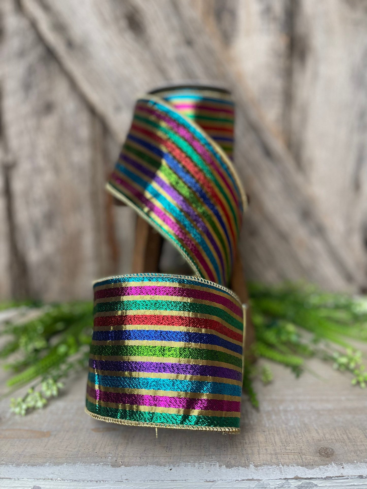 4” jewel tone stripe ribbon, colorful ribbon, wired ribbon