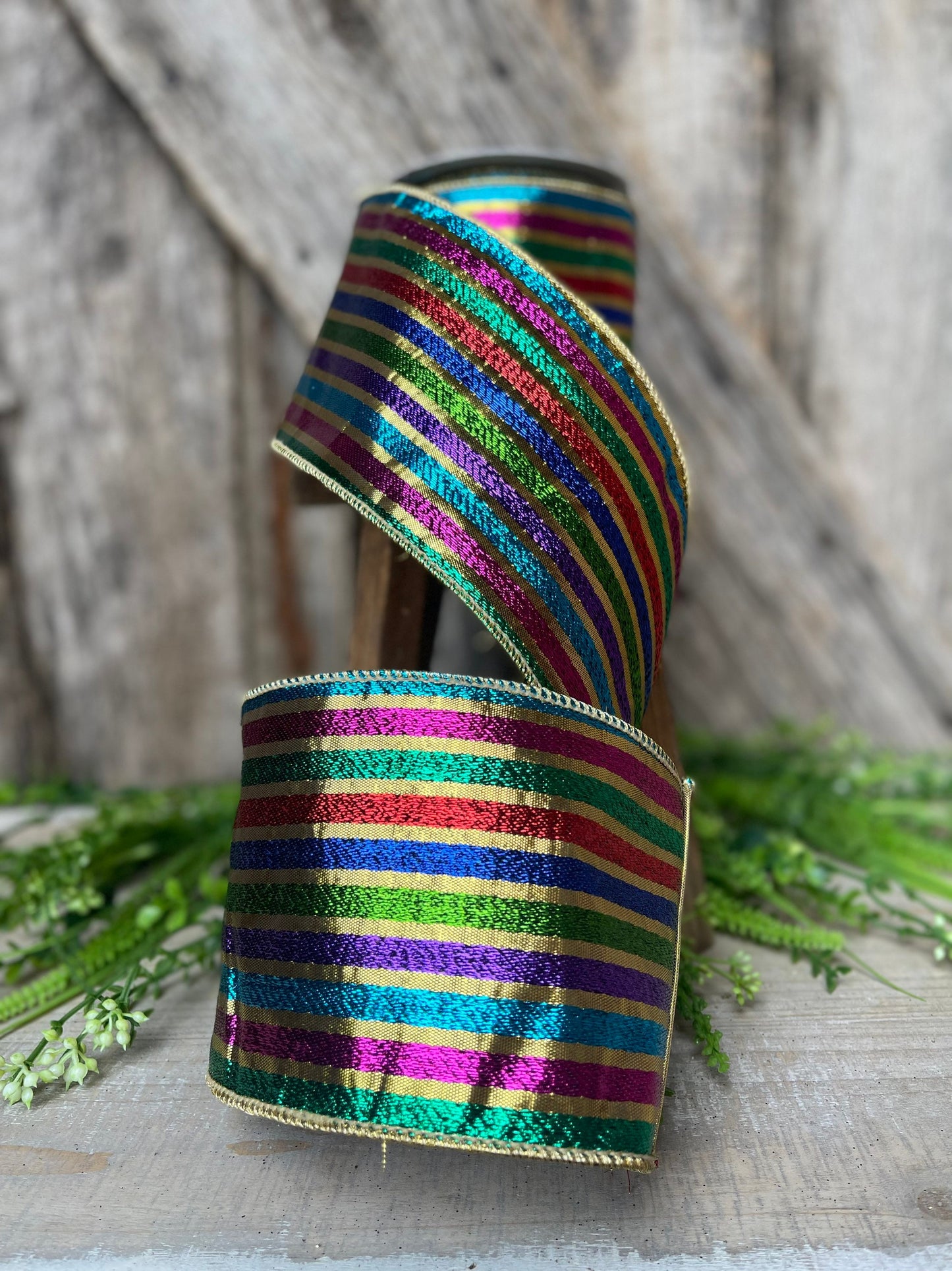 4” jewel tone stripe ribbon, colorful ribbon, wired ribbon