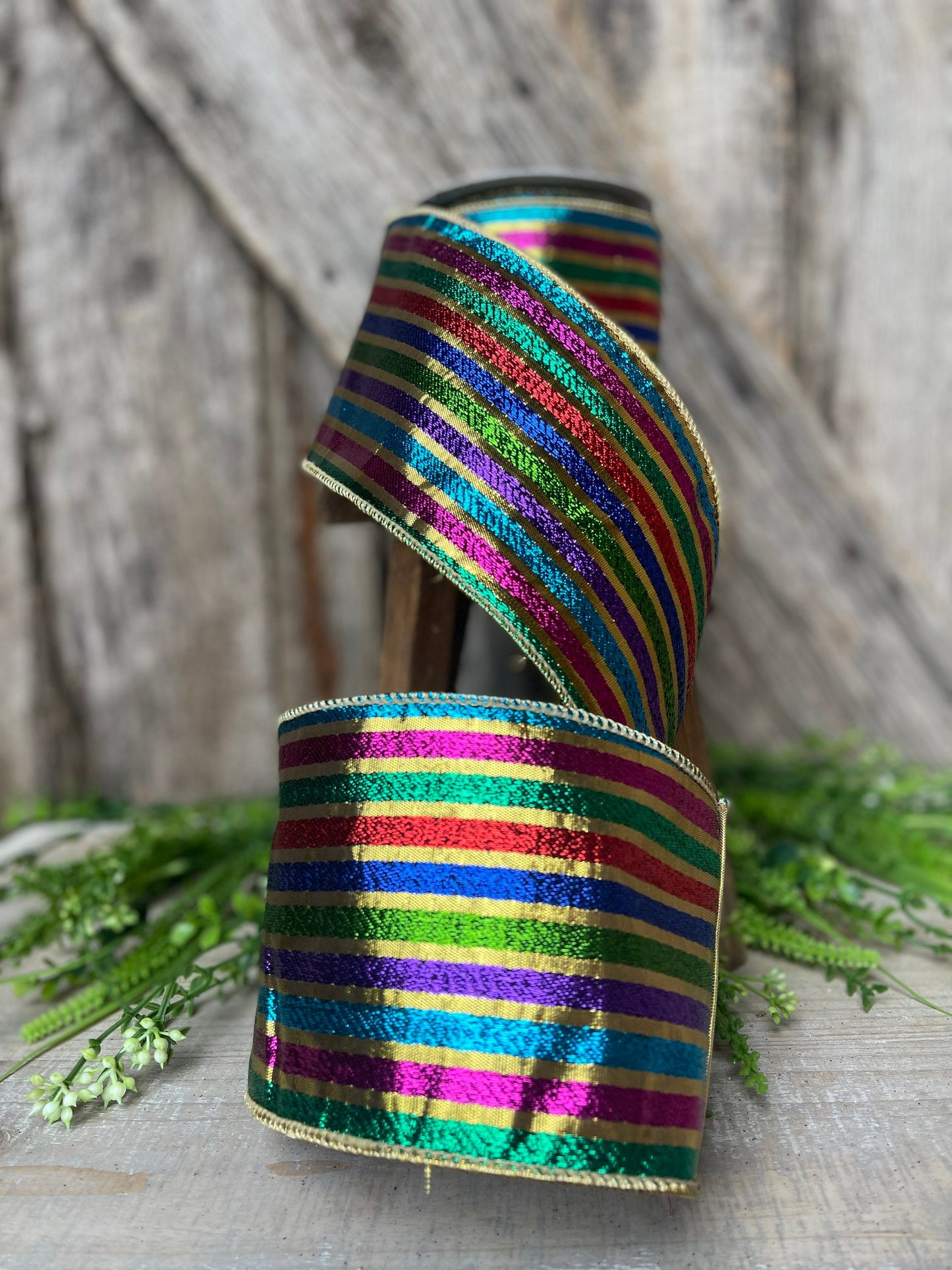 4” jewel tone stripe ribbon, colorful ribbon, wired ribbon