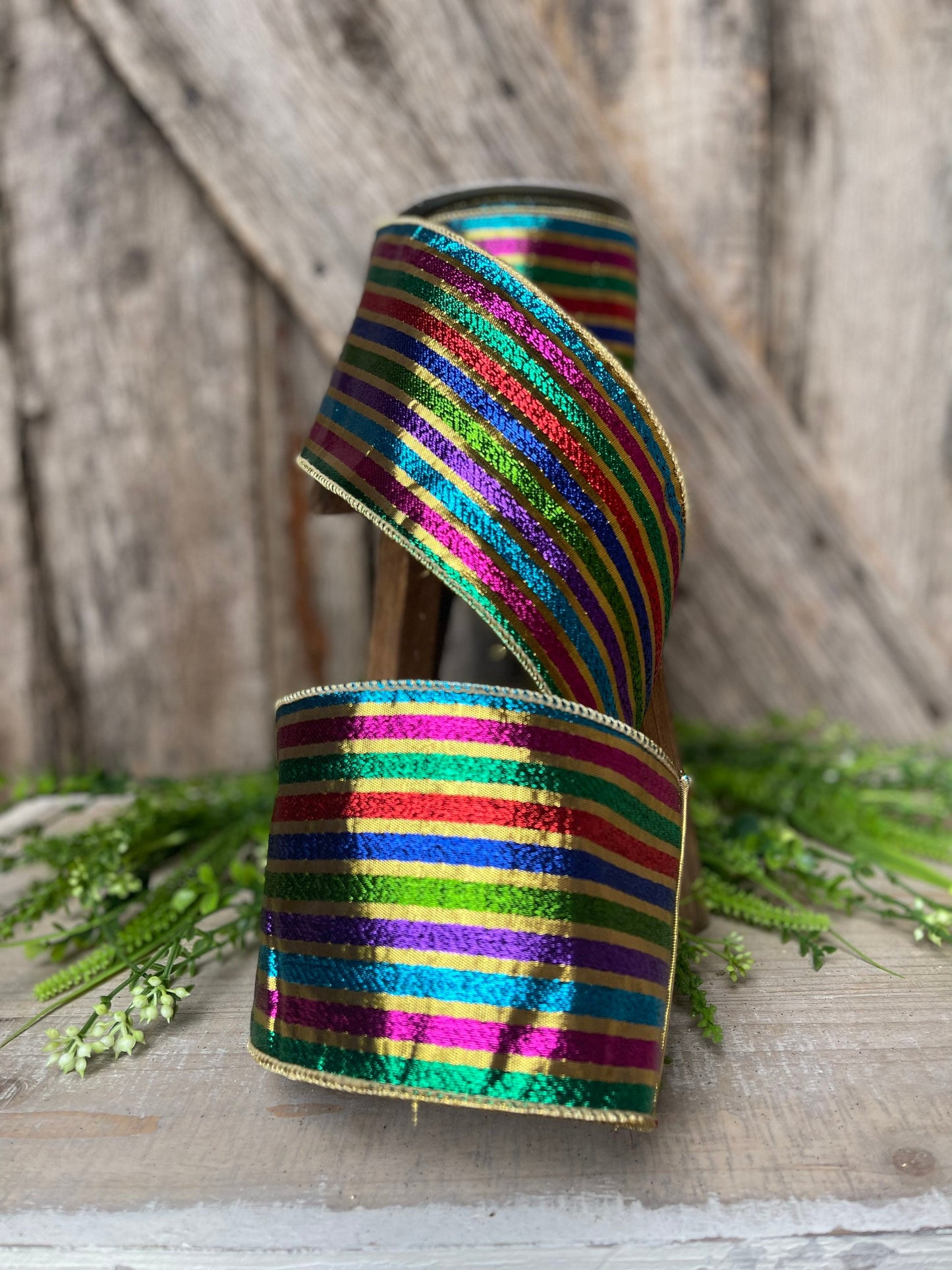 4” jewel tone stripe ribbon, colorful ribbon, wired ribbon