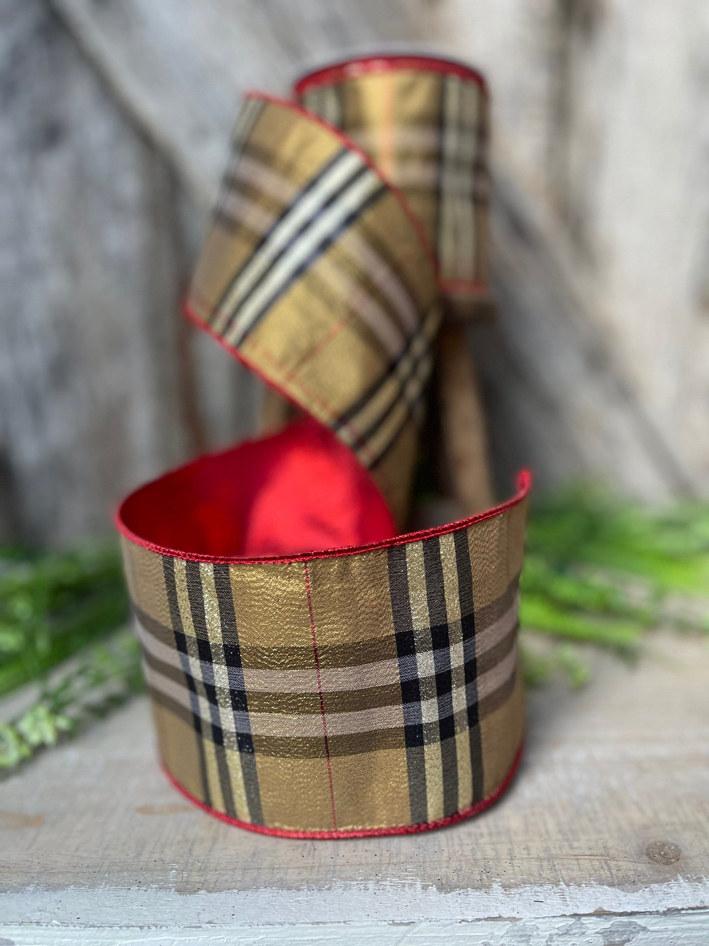 4” Burbank holiday plaid, brown black red plaid Christmas ribbon