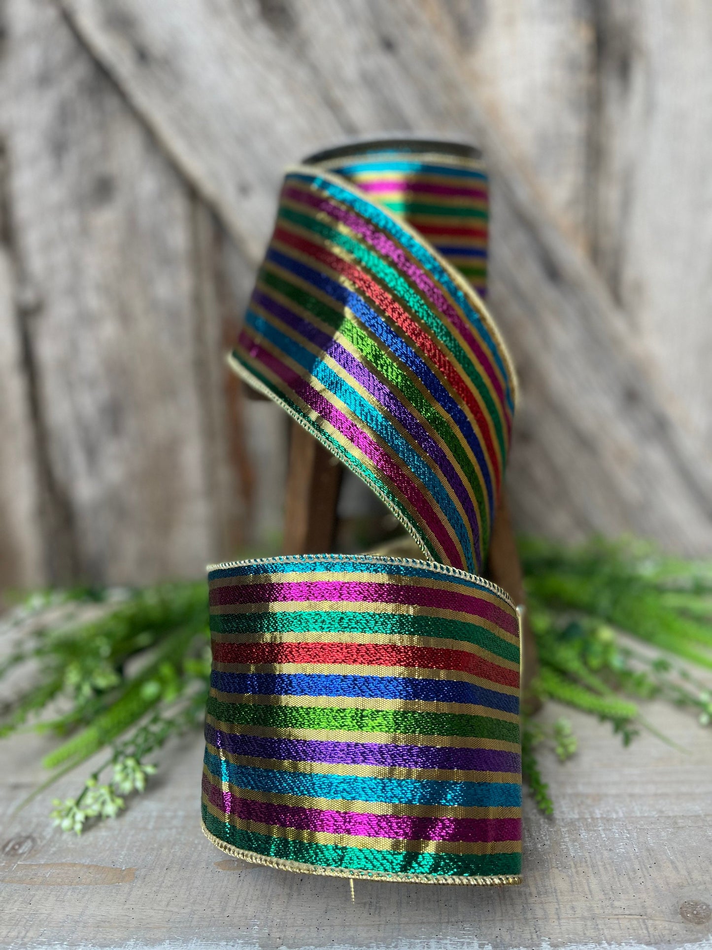 4” jewel tone stripe ribbon, colorful ribbon, wired ribbon