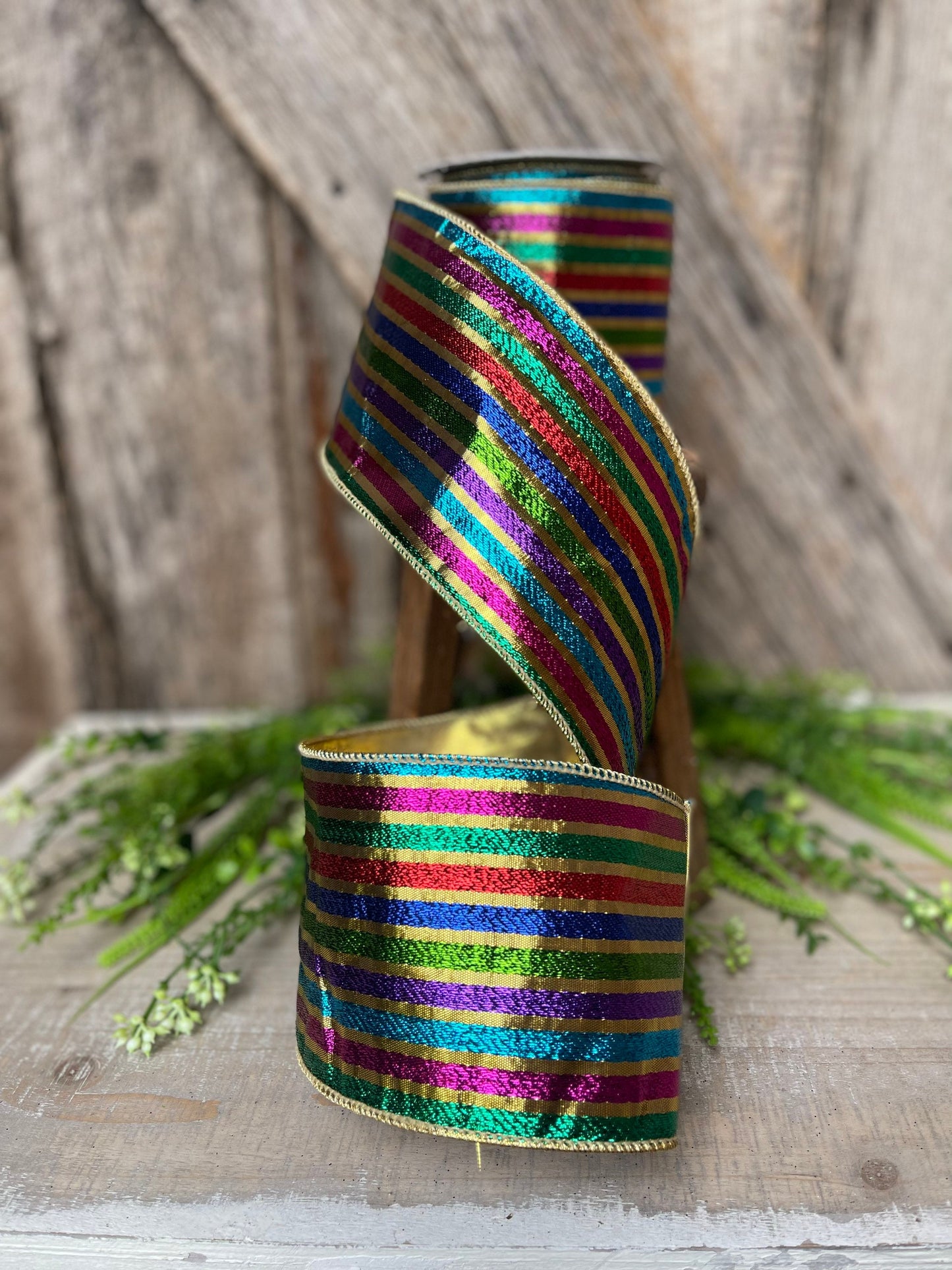 4” jewel tone stripe ribbon, colorful ribbon, wired ribbon