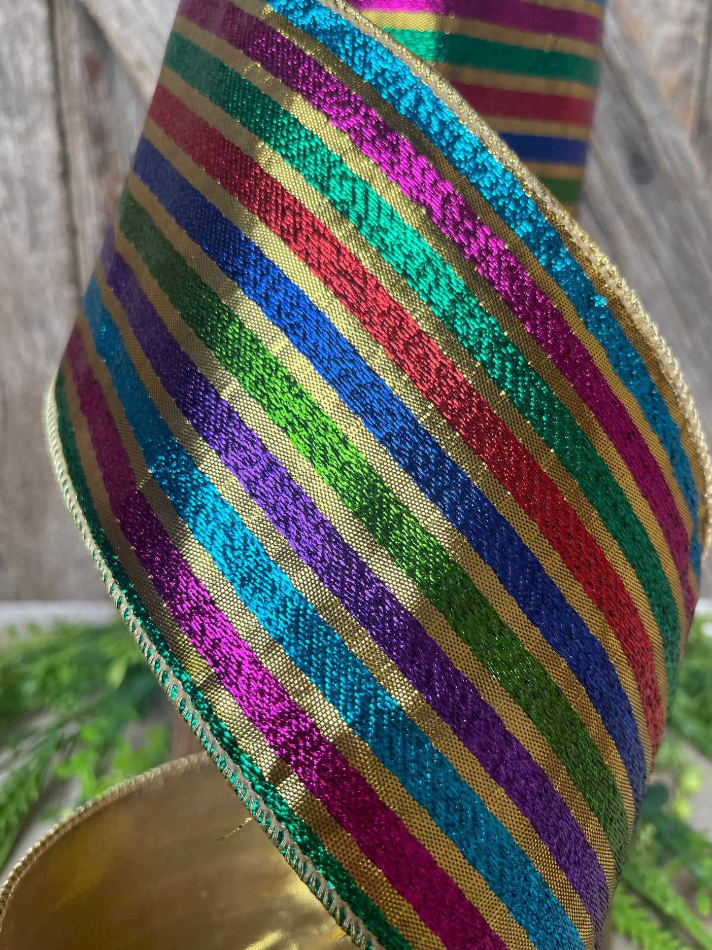 4” jewel tone stripe ribbon, colorful ribbon, wired ribbon