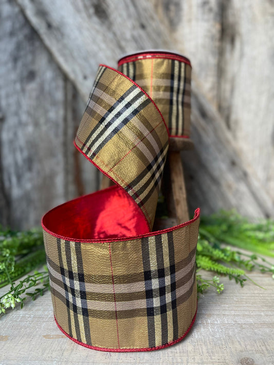 4” Brown Black Red holiday plaid, Christmas ribbon, 10 yards