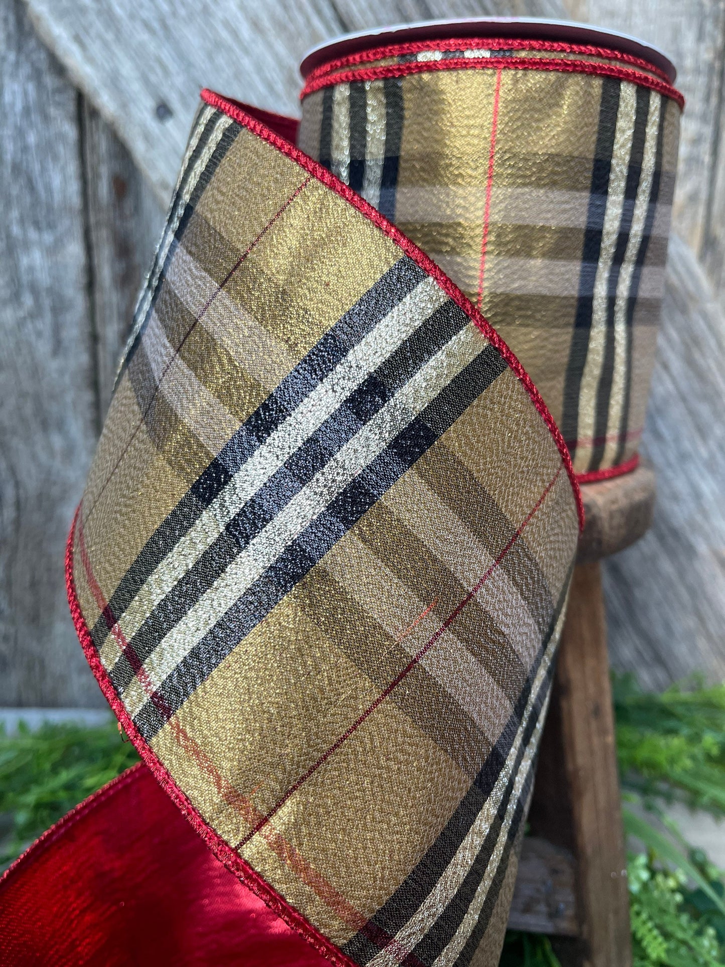 4” Burbank holiday plaid, brown black red plaid Christmas ribbon