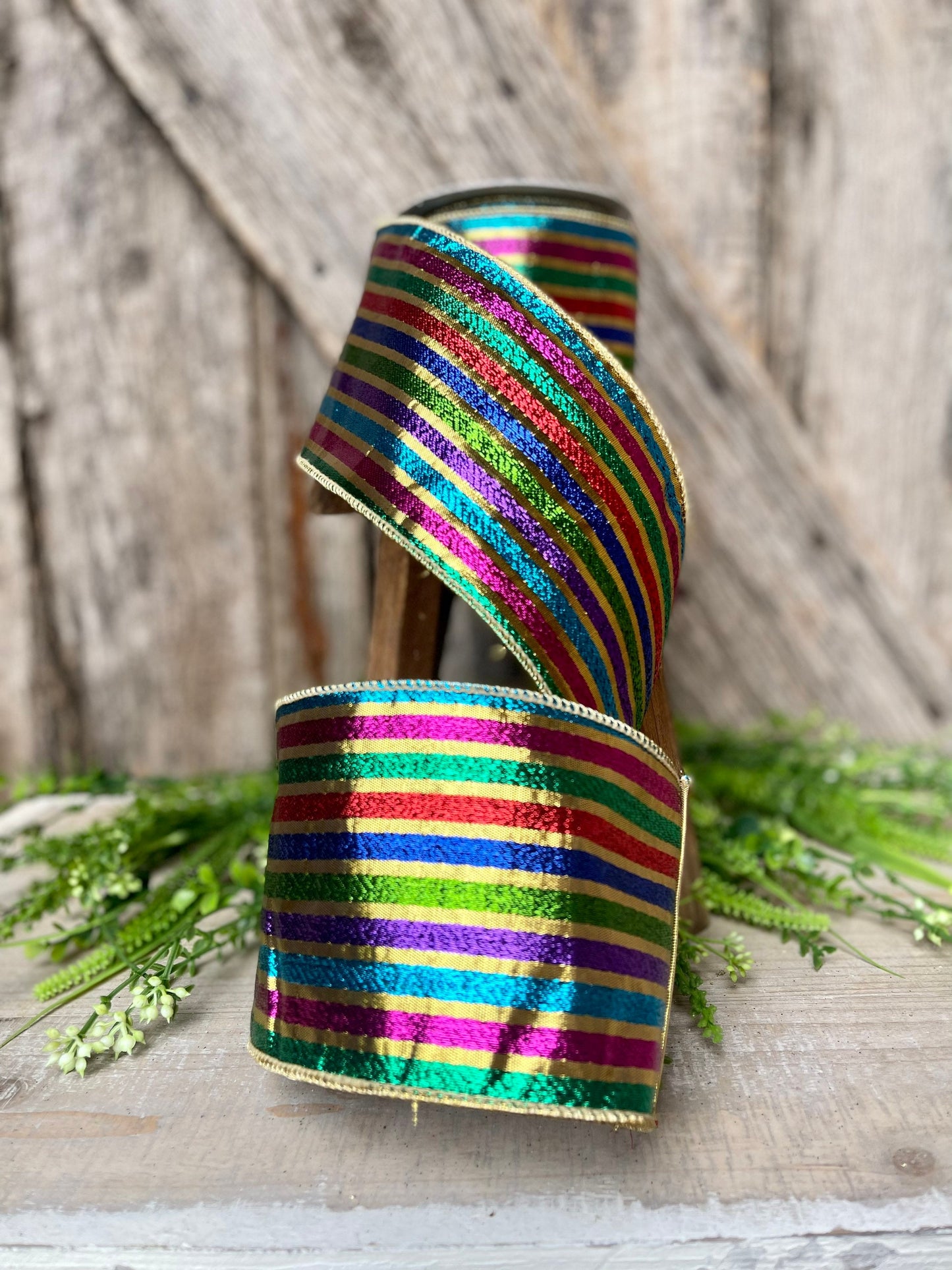 4” jewel tone stripe ribbon, colorful ribbon, wired ribbon