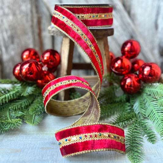 Red Velvet Jeweled Ribbon, Mutli colored Jeweled Ribbon, Christmas Ribbon