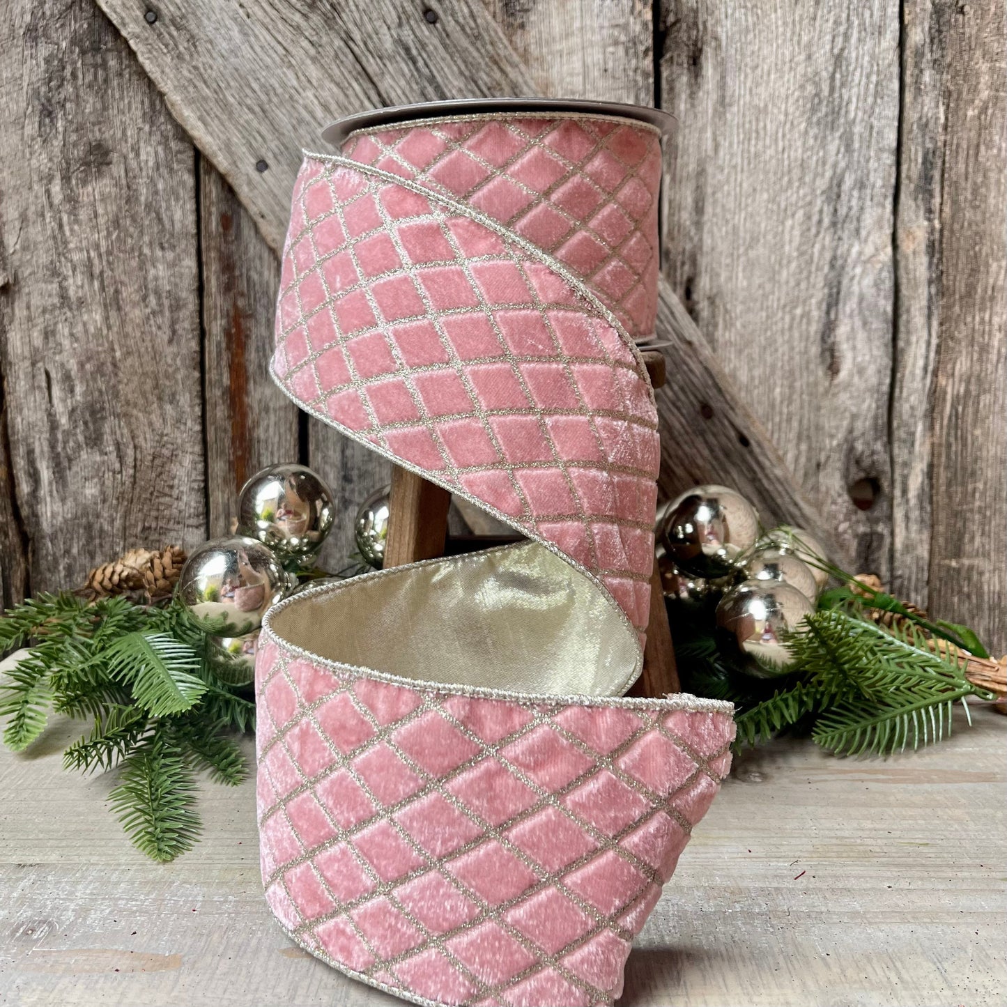 4" Pink Metallic Diamonds Velvet Ribbon, Farrisilk Ribbon, Pink Velvet