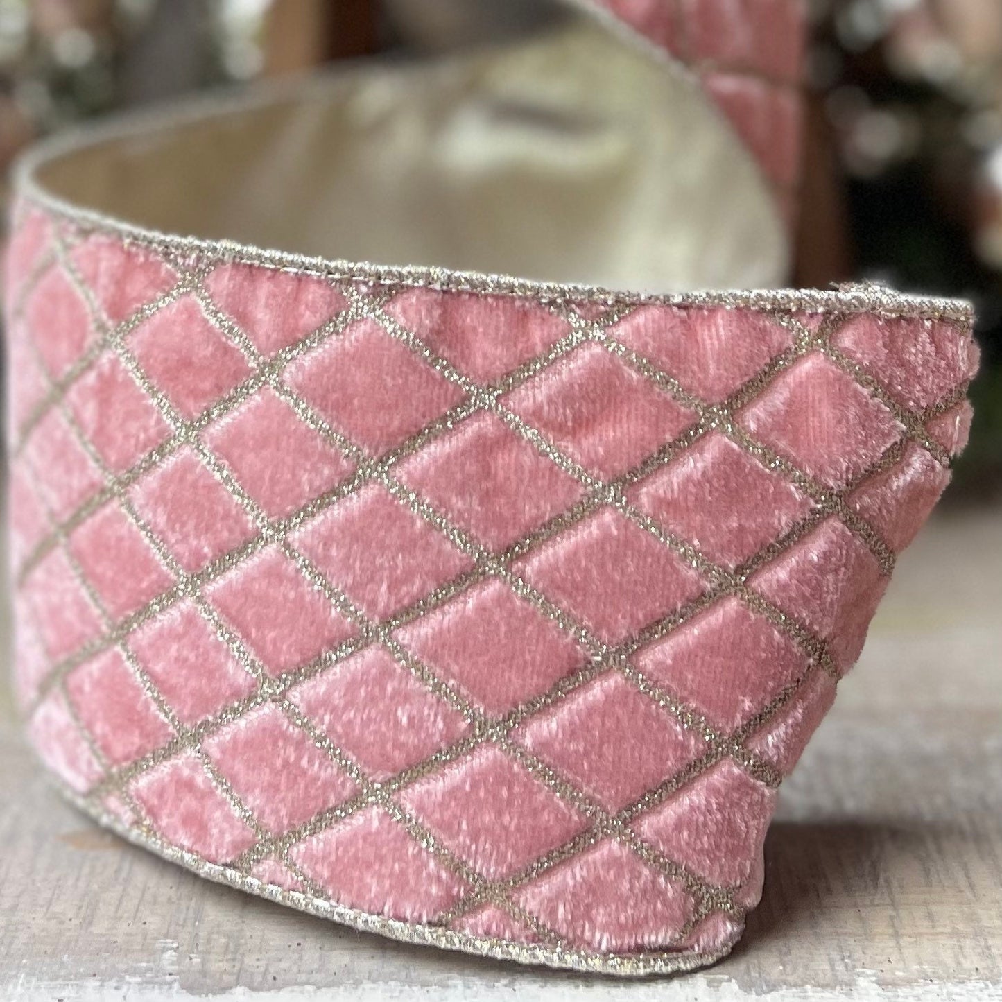 4" Pink Metallic Diamonds Velvet Ribbon, Farrisilk Ribbon, Pink Velvet