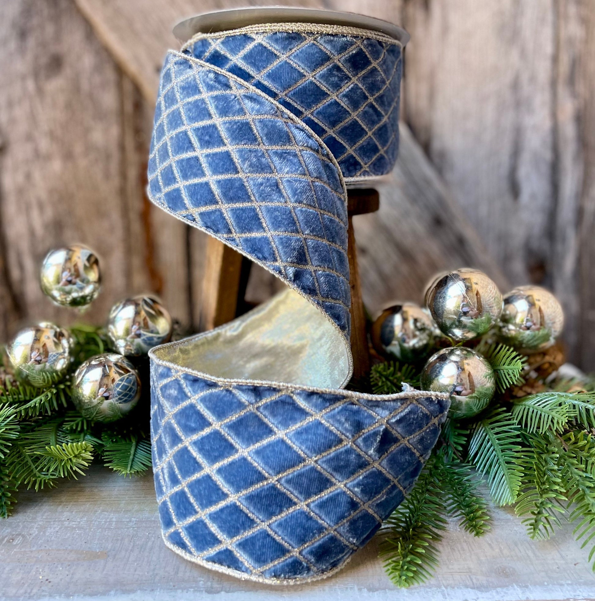 4" BLUE Metallic Diamonds Velvet Ribbon, Farrisilk Ribbon