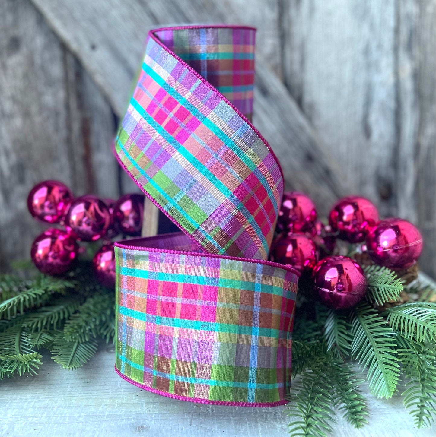 4" Christmas Pastel Candy Plaid Ribbon, Farrisilk Ribbon, Christmas Tree