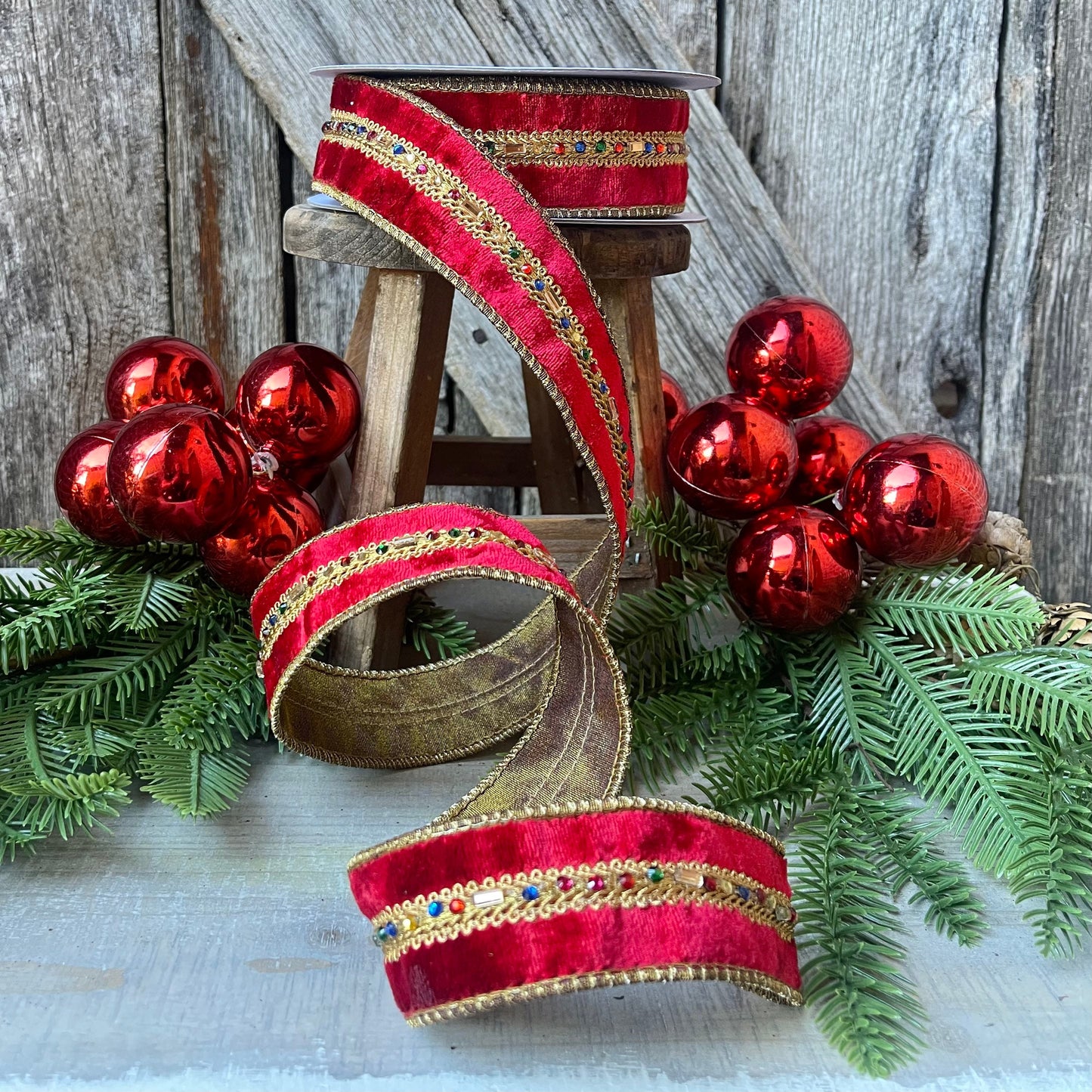 Red Velvet Jeweled Ribbon, Mutli colored Jeweled Ribbon, Christmas Ribbon