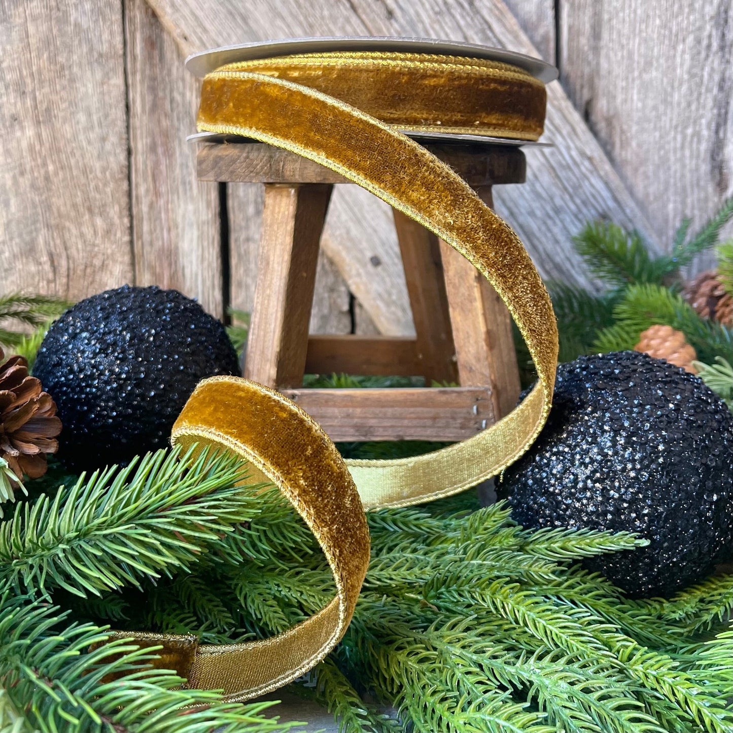 1" Antique Gold Wired Ribbon, Farrisilk Ribbon, Velvet Ribbon