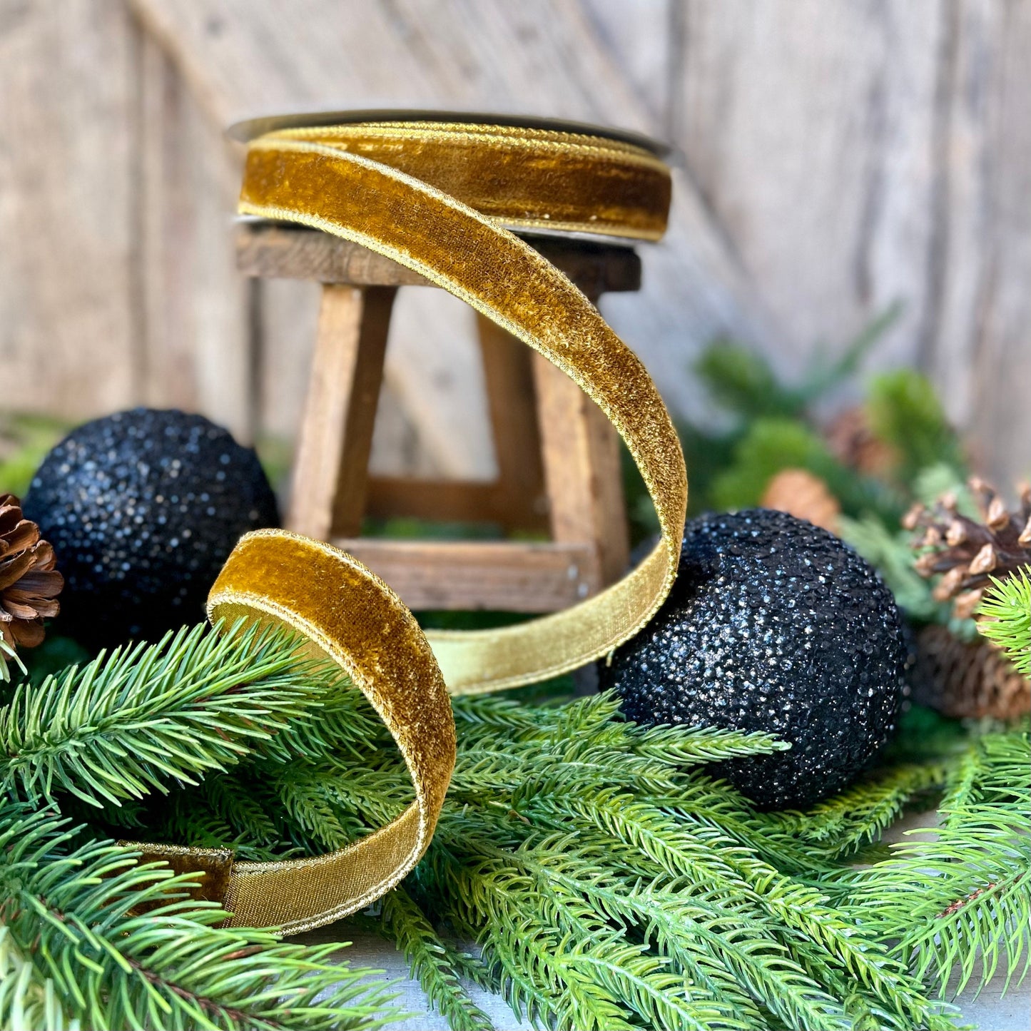 1" Antique Gold Wired Ribbon, Farrisilk Ribbon, Velvet Ribbon