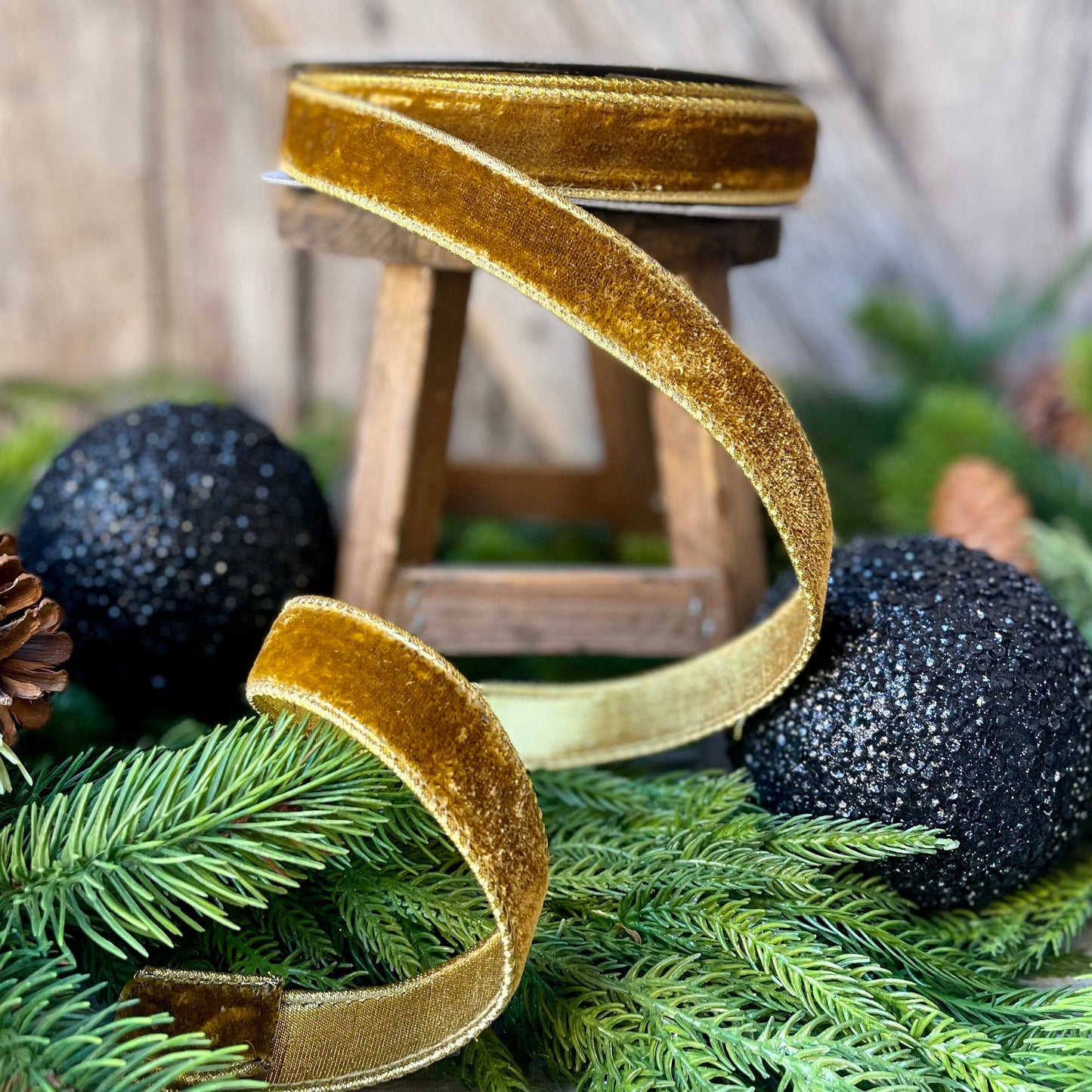 1" Antique Gold Wired Ribbon, Farrisilk Ribbon, Velvet Ribbon