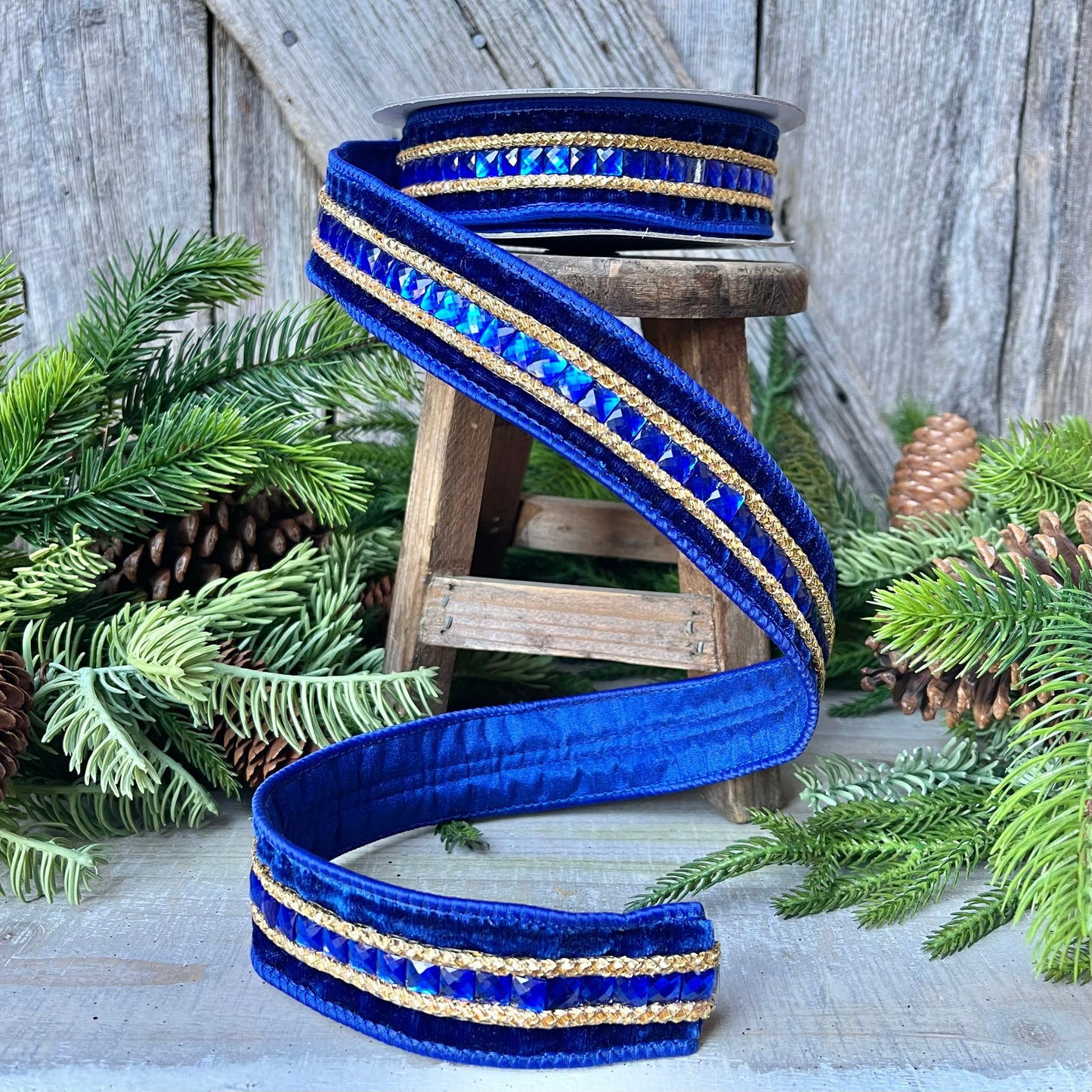 Blue Emeral Cut Gemstones Ribbon, 1.5" Blue velvet jeweled ribbon