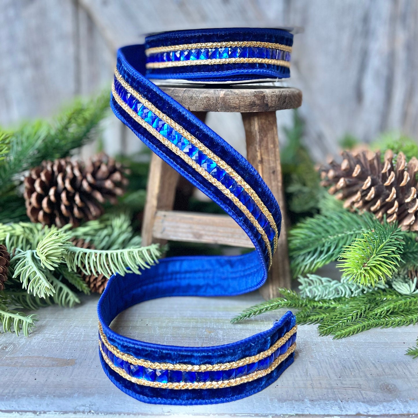 Blue Emeral Cut Gemstones Ribbon, 1.5" Blue velvet jeweled ribbon