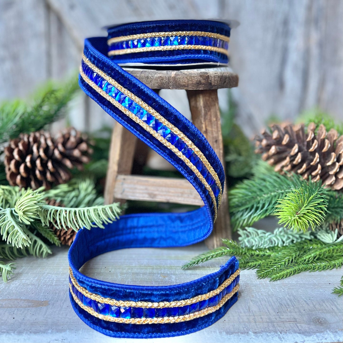 Blue Emeral Cut Gemstones Ribbon, 1.5" Blue velvet jeweled ribbon