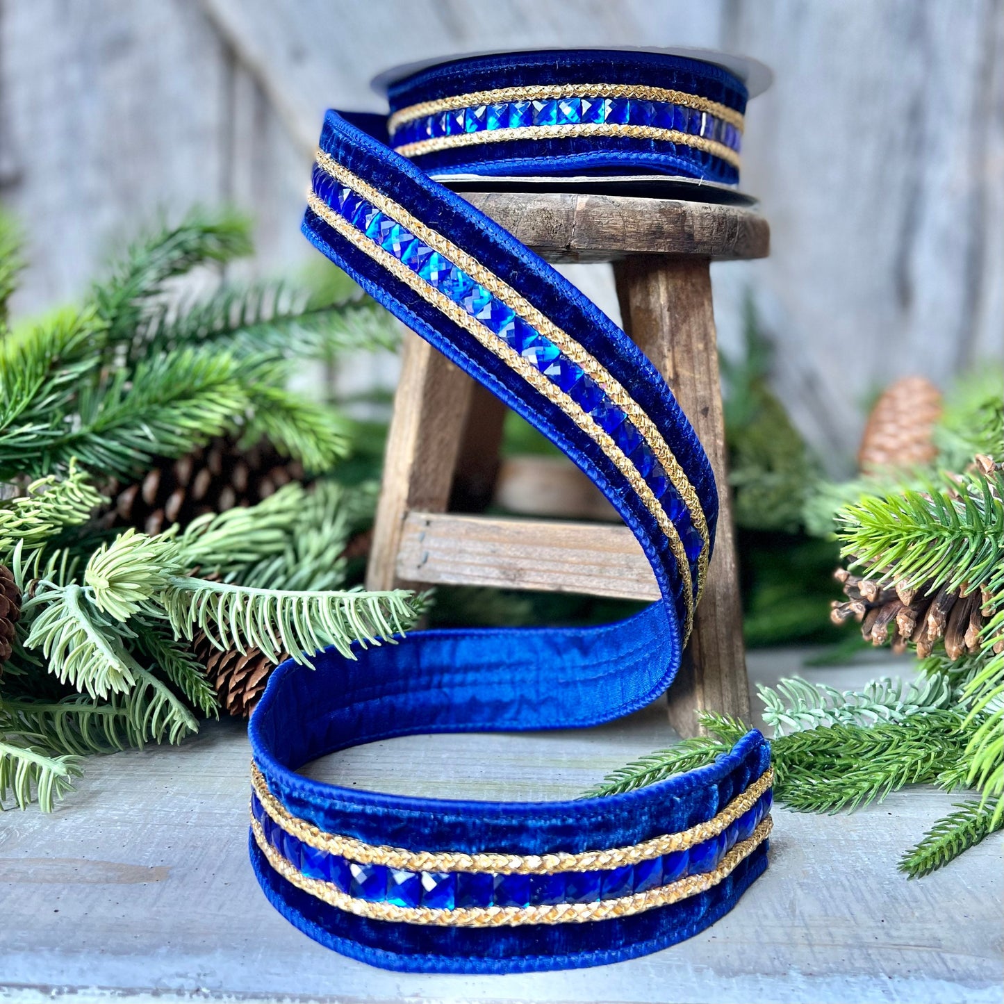 Blue Emeral Cut Gemstones Ribbon, 1.5" Blue velvet jeweled ribbon