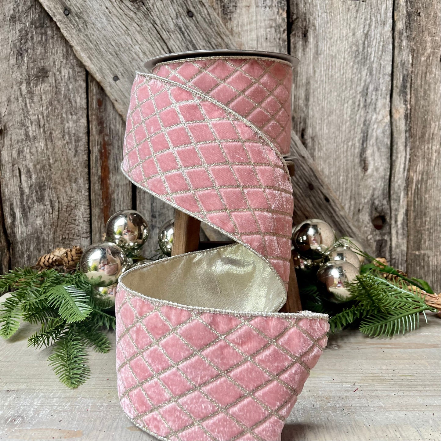 4" Pink Metallic Diamonds Velvet Ribbon, Farrisilk Ribbon, Pink Velvet
