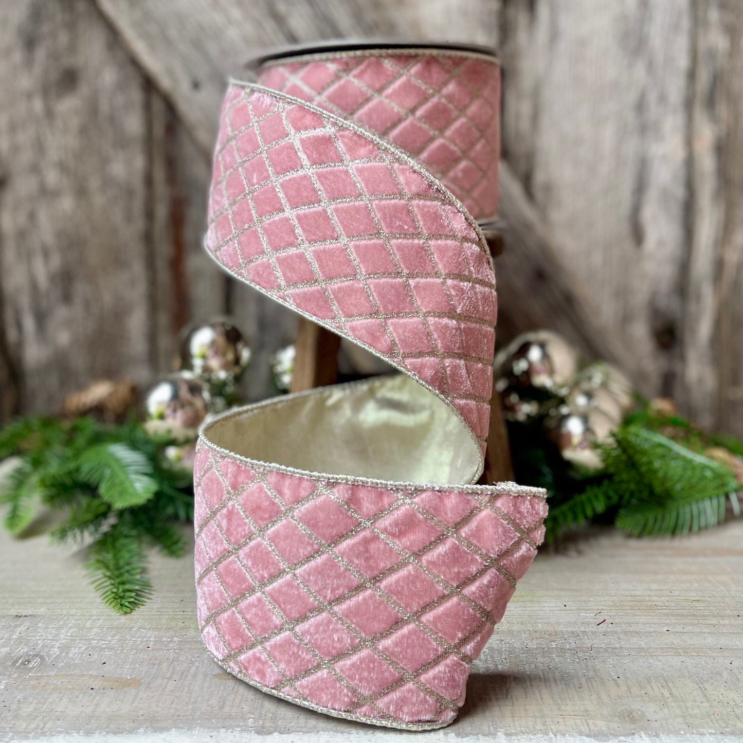 4" Pink Metallic Diamonds Velvet Ribbon, Farrisilk Ribbon, Pink Velvet