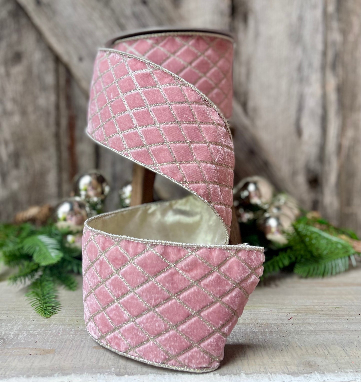4" Pink Metallic Diamonds Velvet Ribbon, Farrisilk Ribbon, Pink Velvet