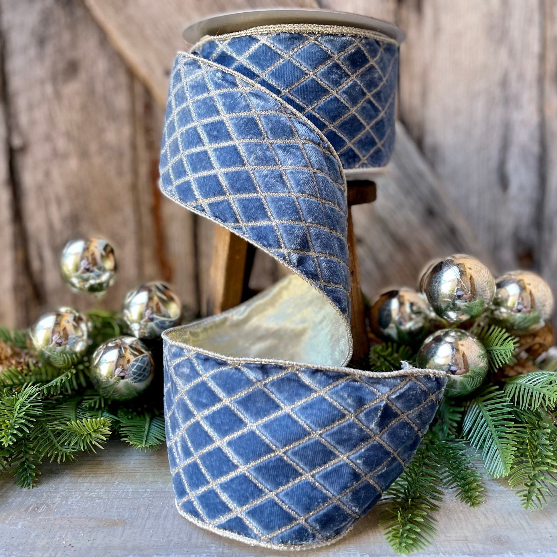 4" BLUE Metallic Diamonds Velvet Ribbon, Farrisilk Ribbon