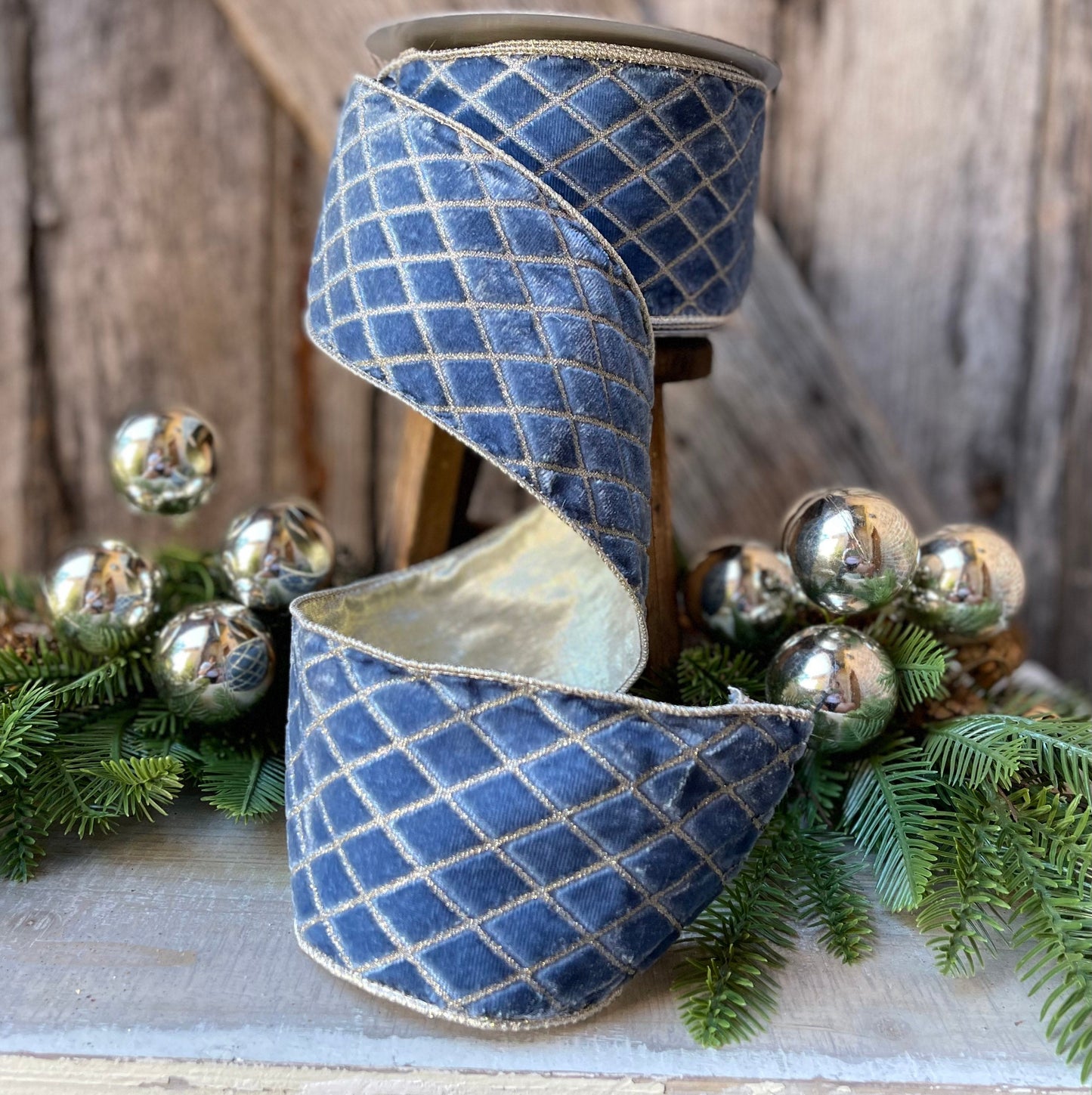 4" BLUE Metallic Diamonds Velvet Ribbon, Farrisilk Ribbon