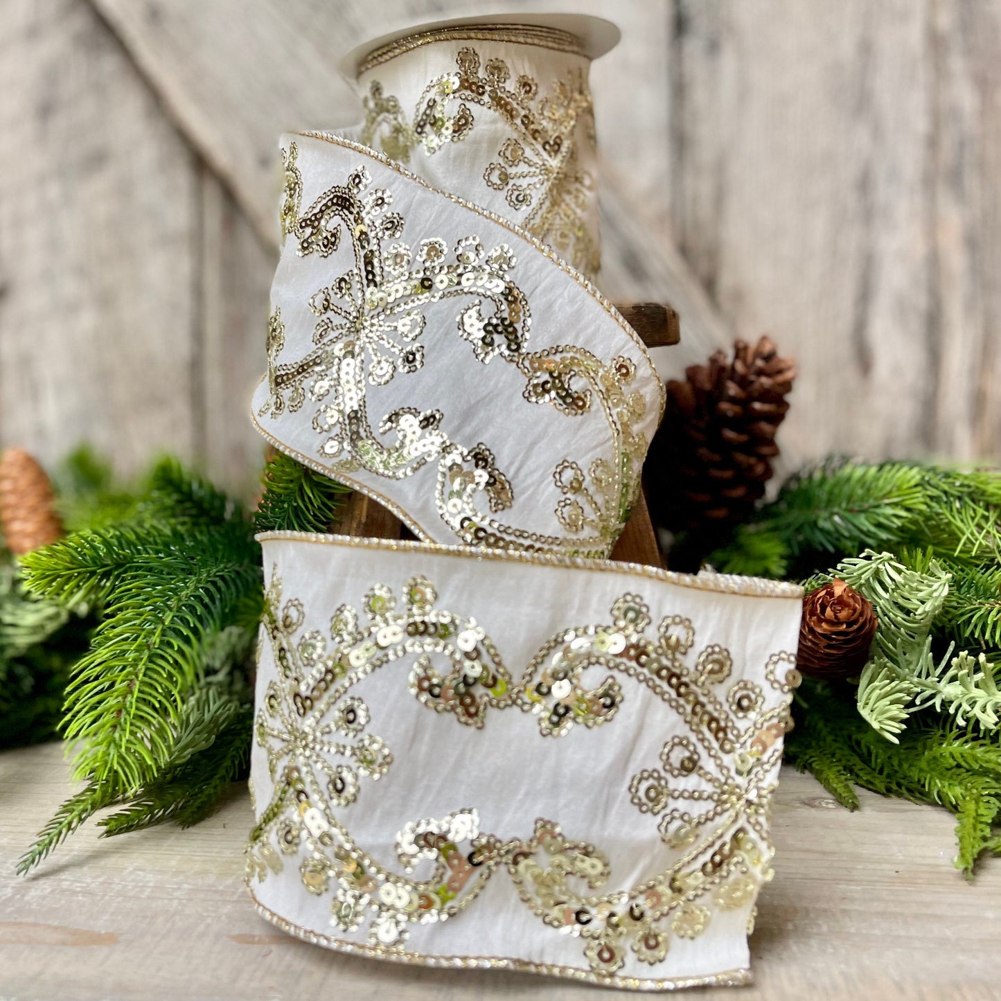 Champagne Gold Sequin Ribbon, 4 inch Wired Christmas Ribbon, Ivory and Gold Sequin Ribbon
