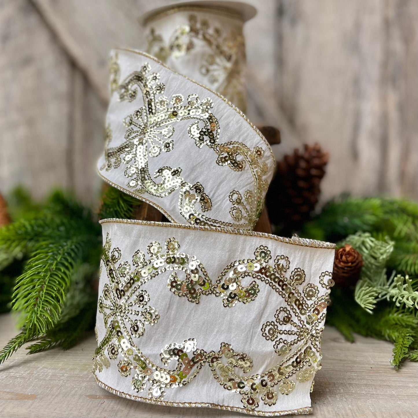 Champagne Gold Sequin Ribbon, 4 inch Wired Christmas Ribbon, Ivory and Gold Sequin Ribbon