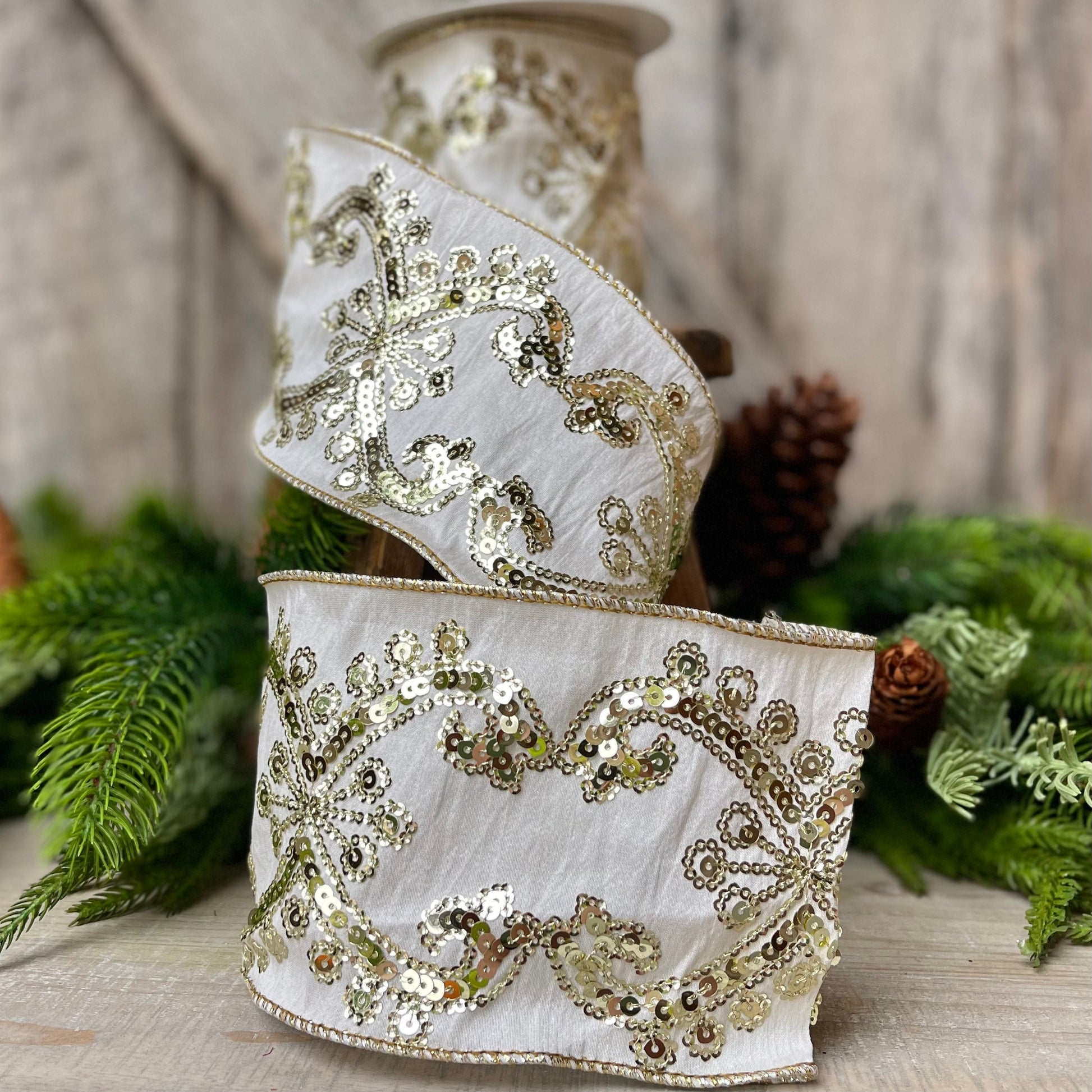 Champagne Gold Sequin Ribbon, 4 inch Wired Christmas Ribbon, Ivory and Gold Sequin Ribbon