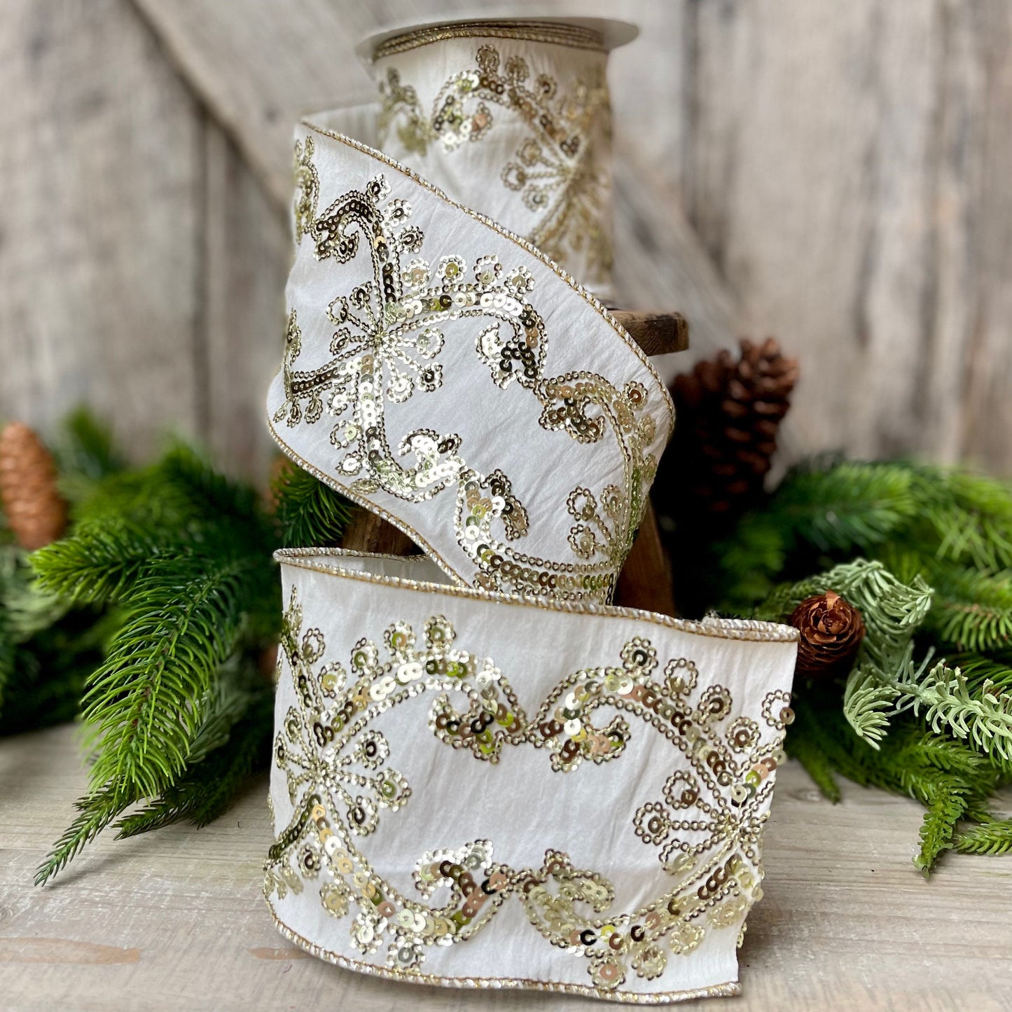 Champagne Gold Sequin Ribbon, 4 inch Wired Christmas Ribbon, Ivory and Gold Sequin Ribbon
