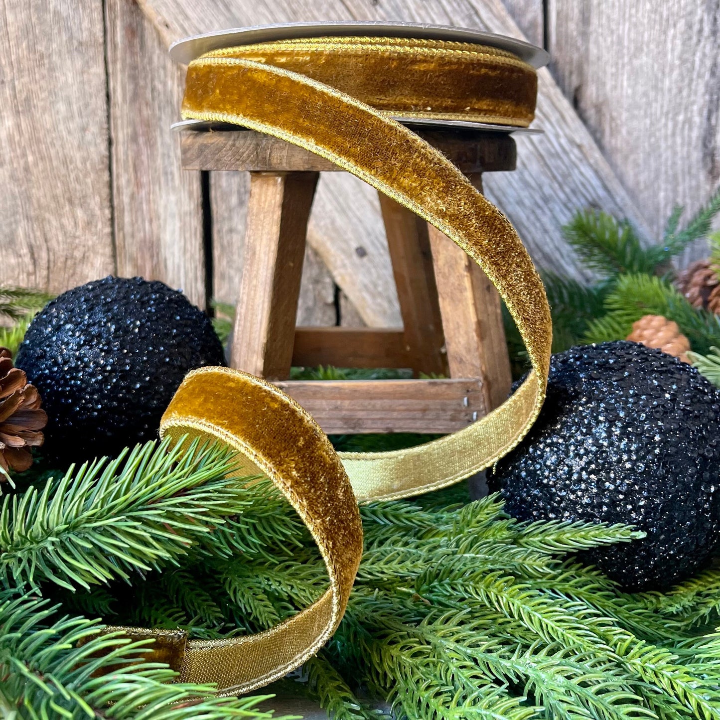 1" Antique Gold Wired Ribbon, Farrisilk Ribbon, Velvet Ribbon