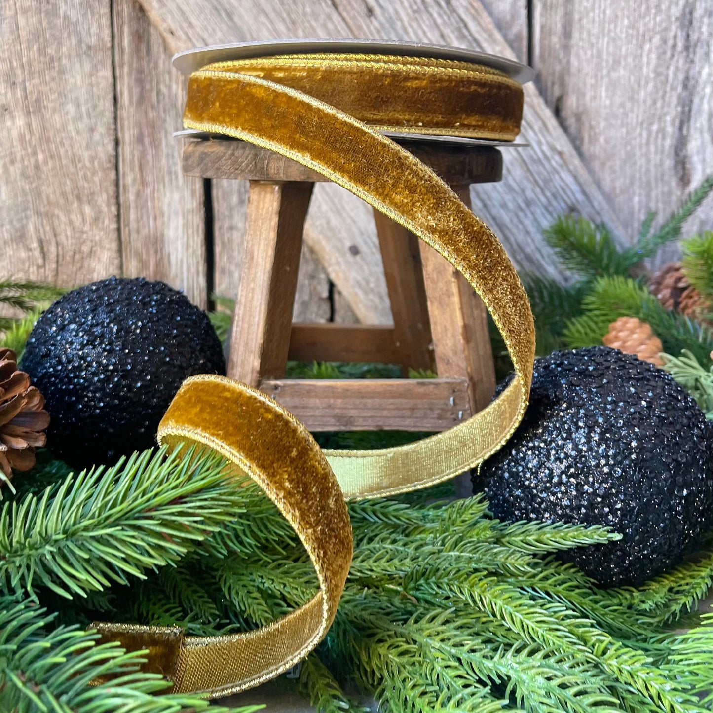 1" Antique Gold Wired Ribbon, Farrisilk Ribbon, Velvet Ribbon