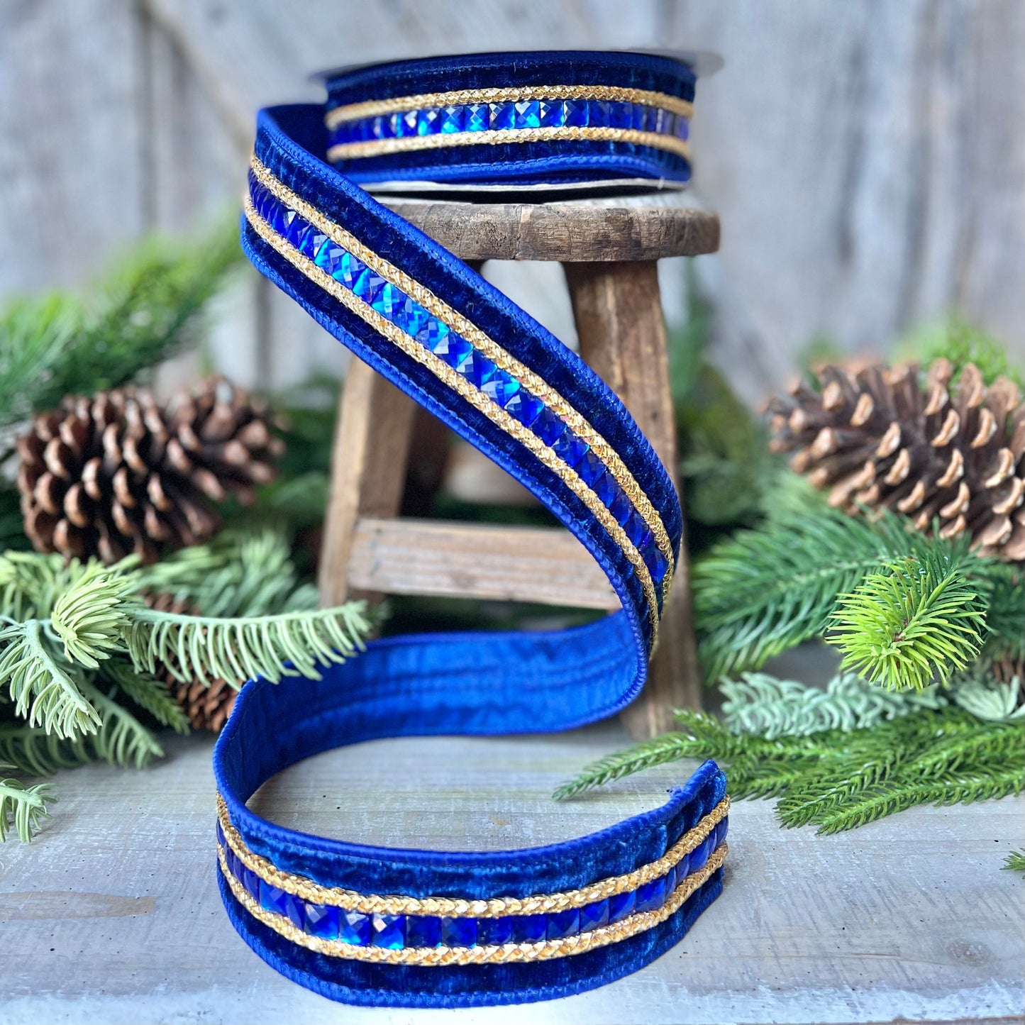 Blue Emeral Cut Gemstones Ribbon, 1.5" Blue velvet jeweled ribbon