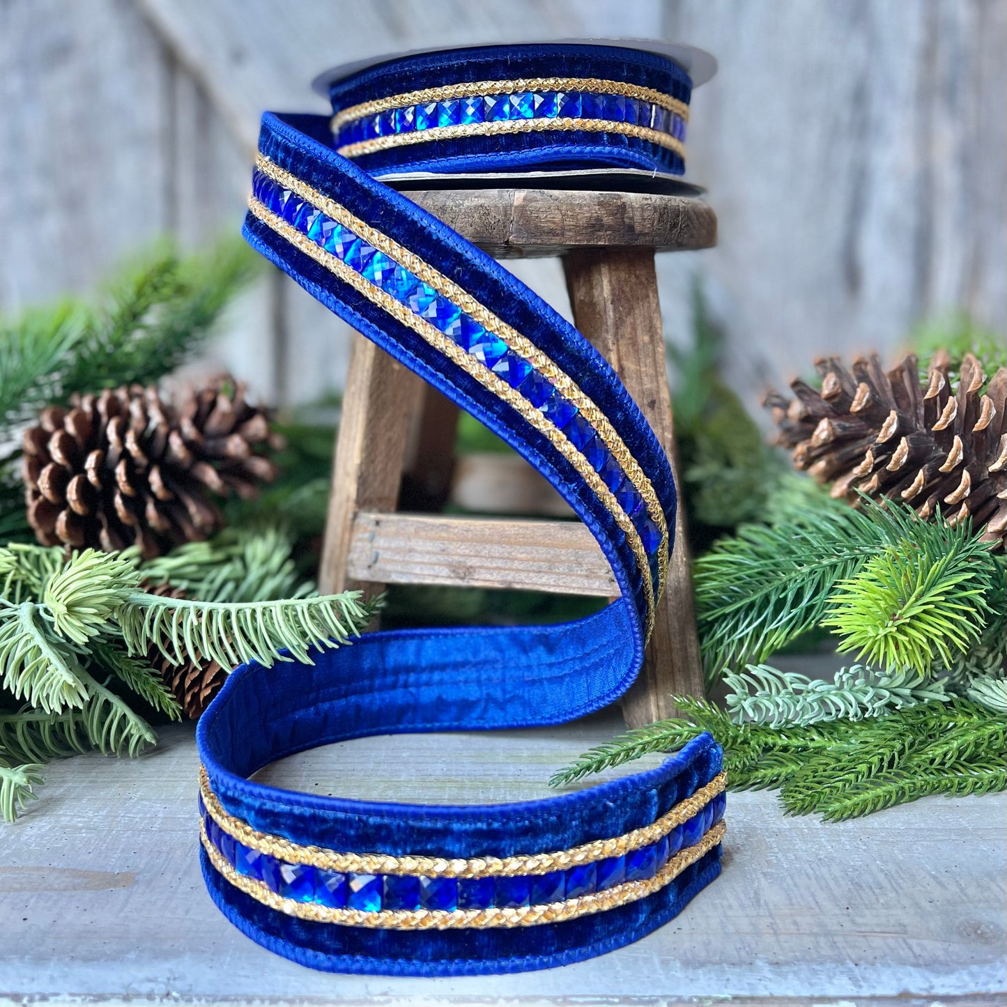 Blue Emeral Cut Gemstones Ribbon, 1.5" Blue velvet jeweled ribbon