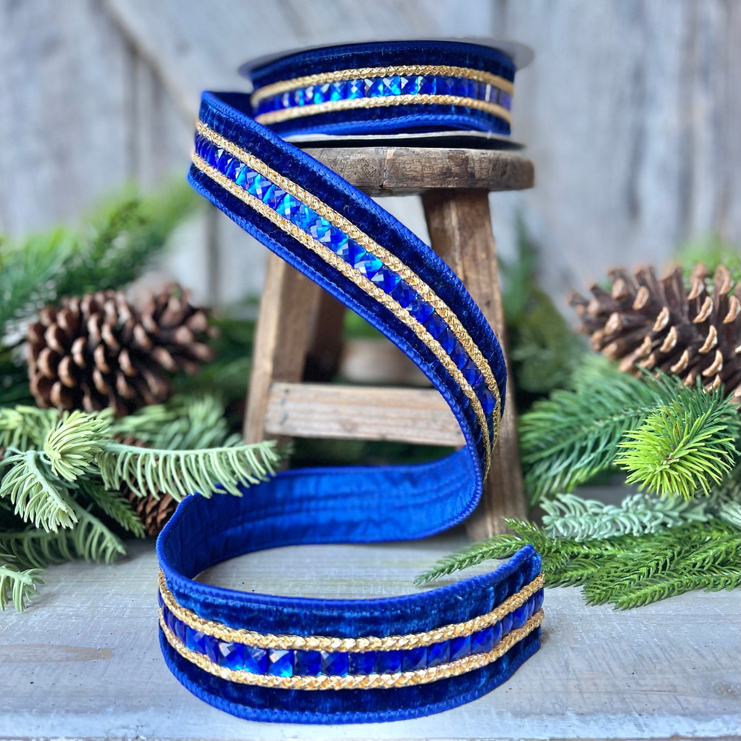 Blue Emeral Cut Gemstones Ribbon, 1.5" Blue velvet jeweled ribbon