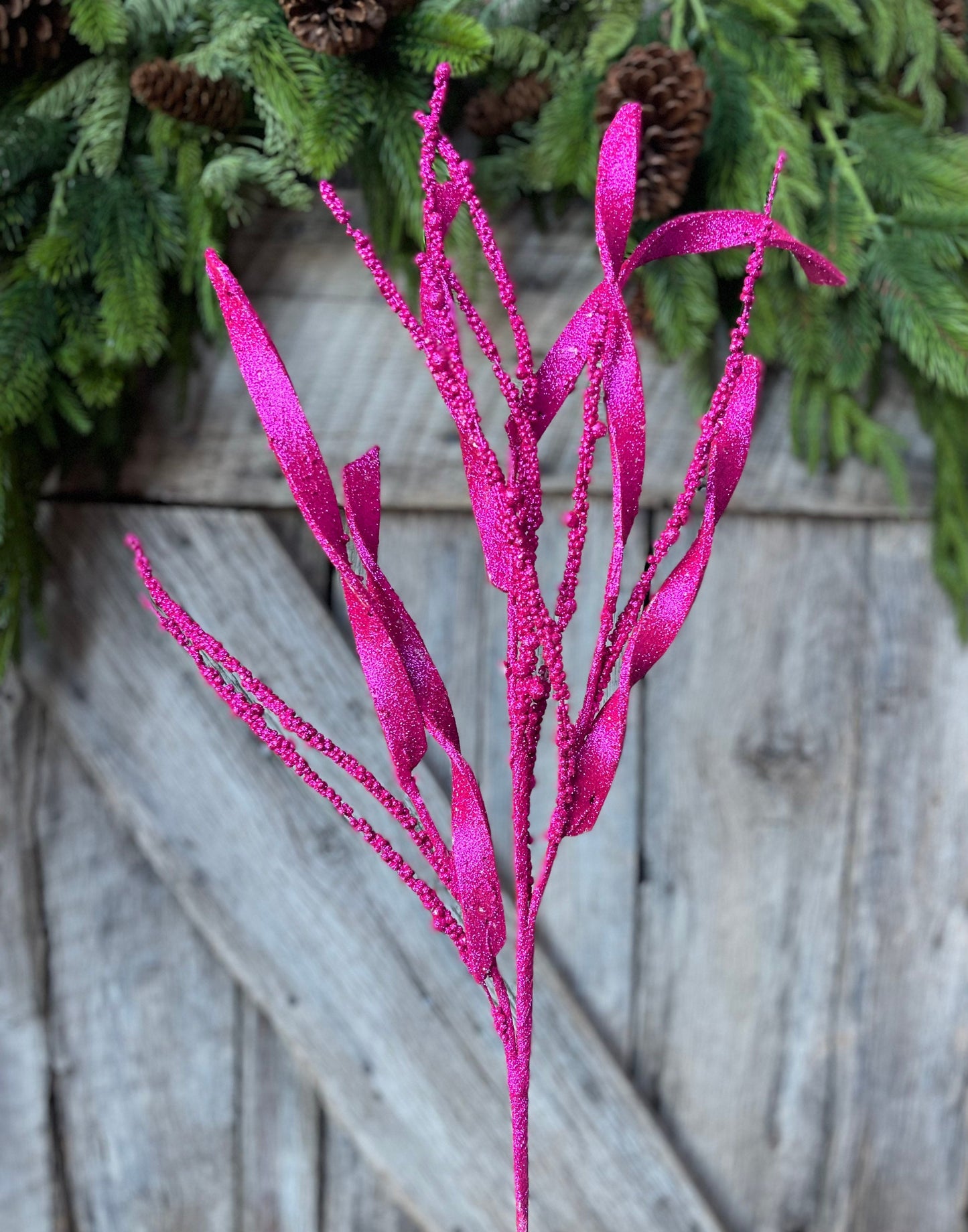 34" Hot Pink Glitter Leaf Christmas Spray, Christmas Leaves Spray, Christmas Floral Stem
