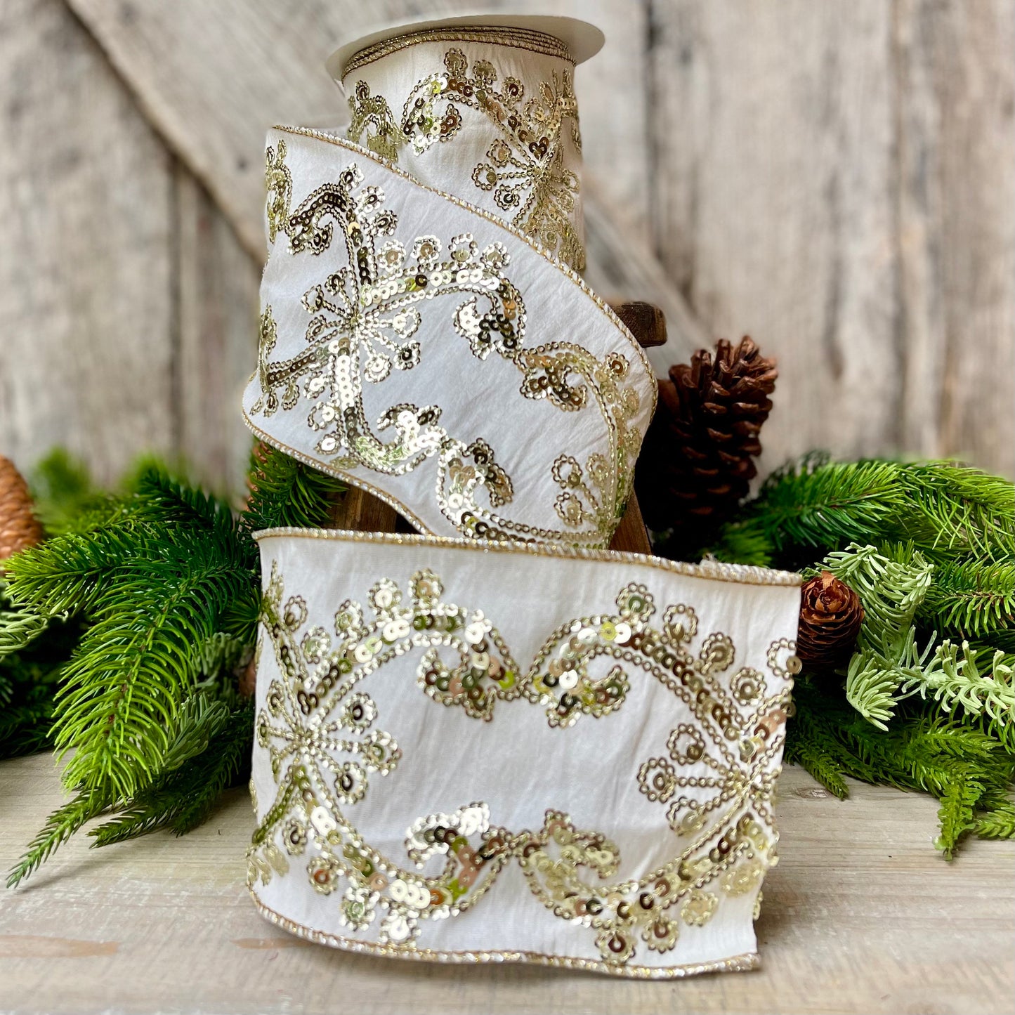 Champagne Gold Sequin Ribbon, 4 inch Wired Christmas Ribbon, Ivory and Gold Sequin Ribbon