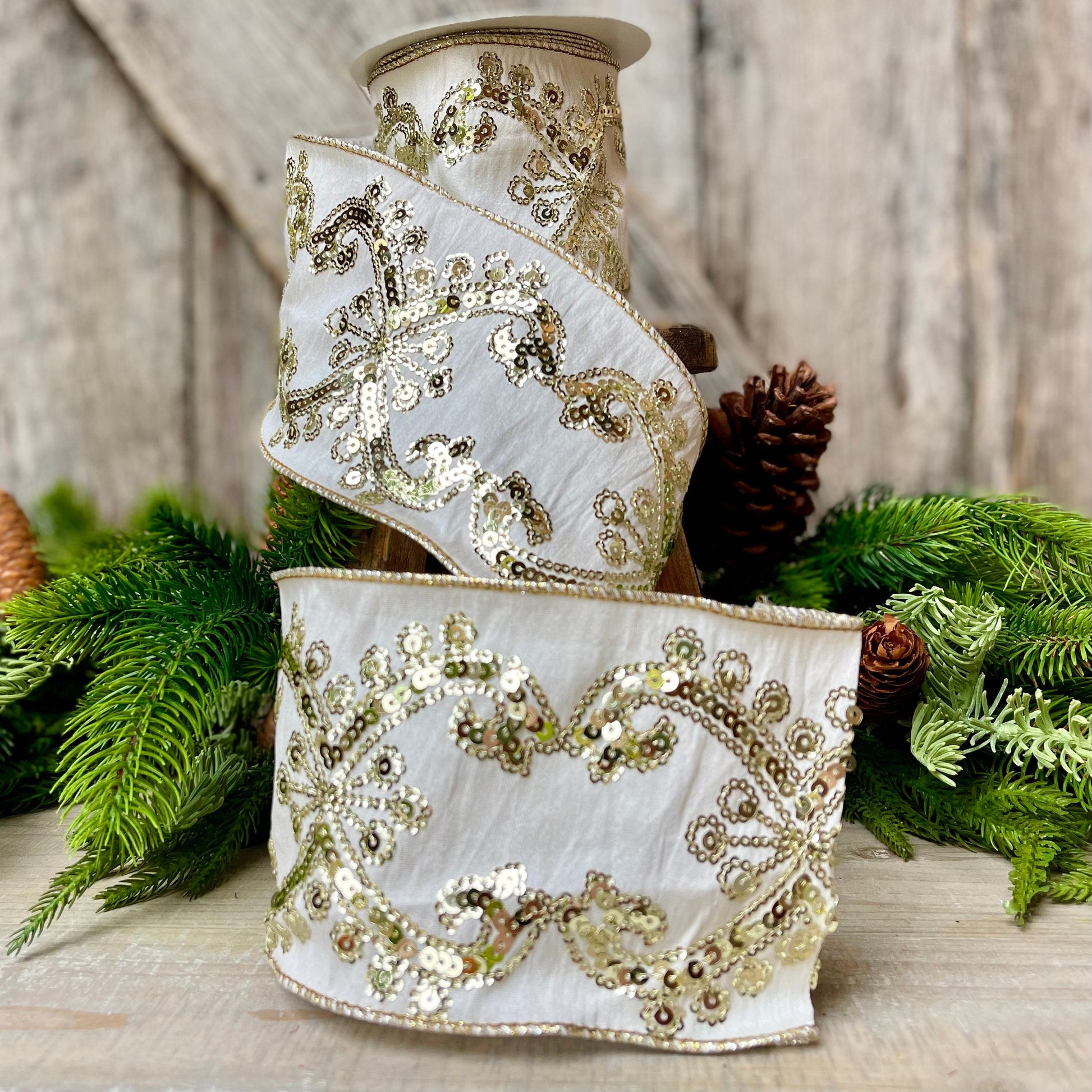 Champagne Gold Sequin Ribbon, 4 inch Wired Christmas Ribbon, Ivory and Gold Sequin Ribbon