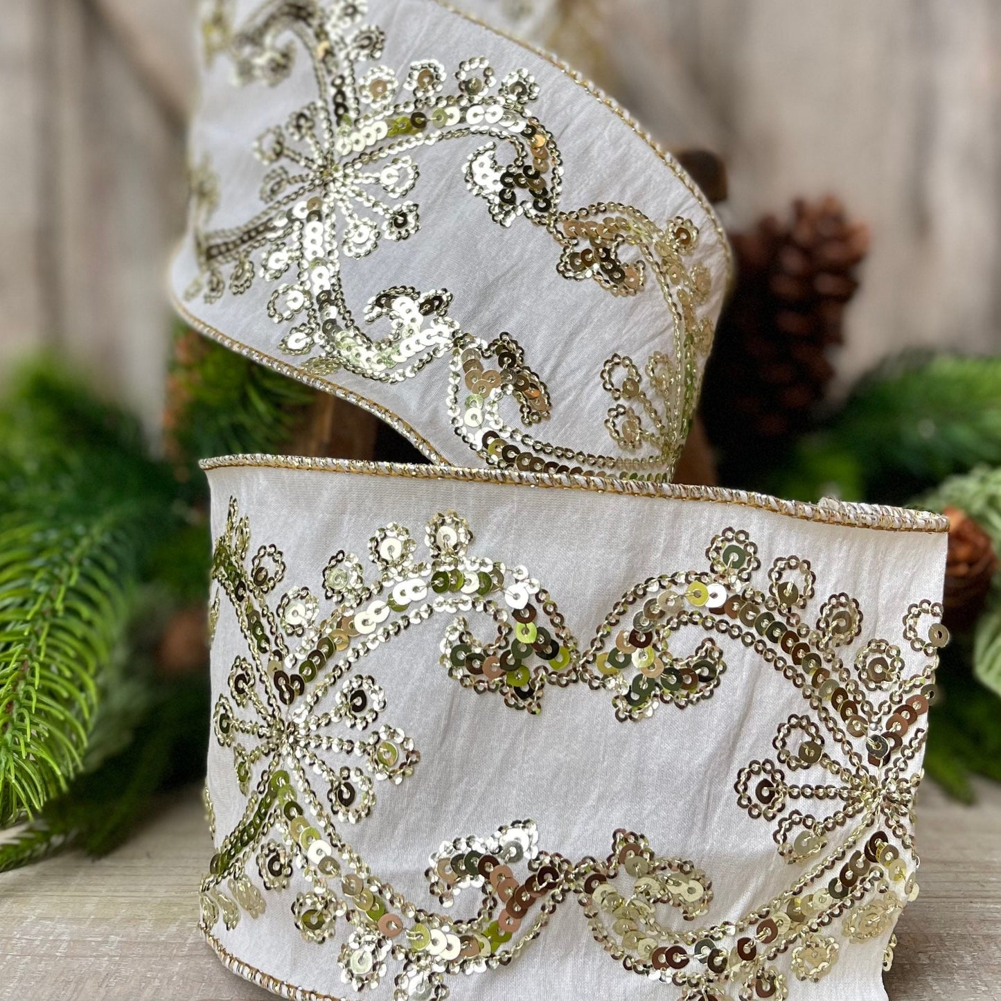 Champagne Gold Sequin Ribbon, 4 inch Wired Christmas Ribbon, Ivory and Gold Sequin Ribbon